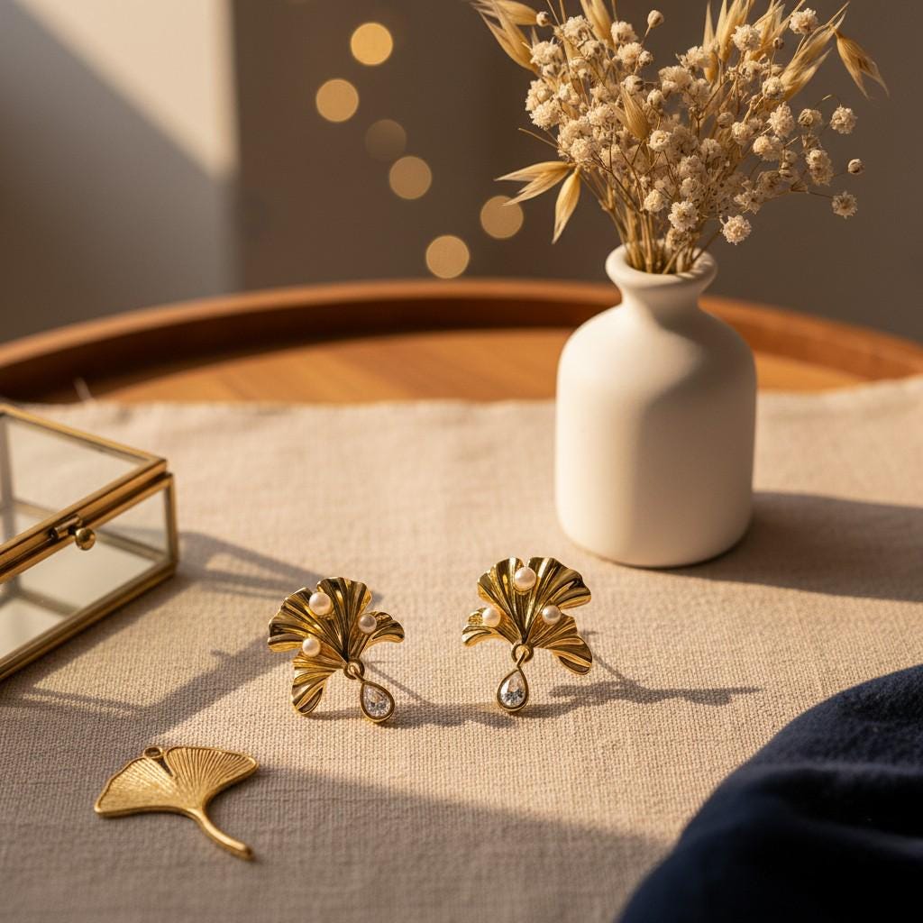 Ginkgo Leaf Pearl Earrings – 18K Gold Plated Nature-Inspired Earrings