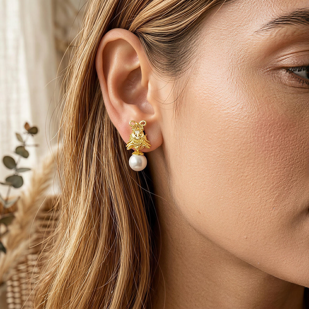 Vintage Gold Pearl Drop Earrings – CZ Ribbon Bell Earrings