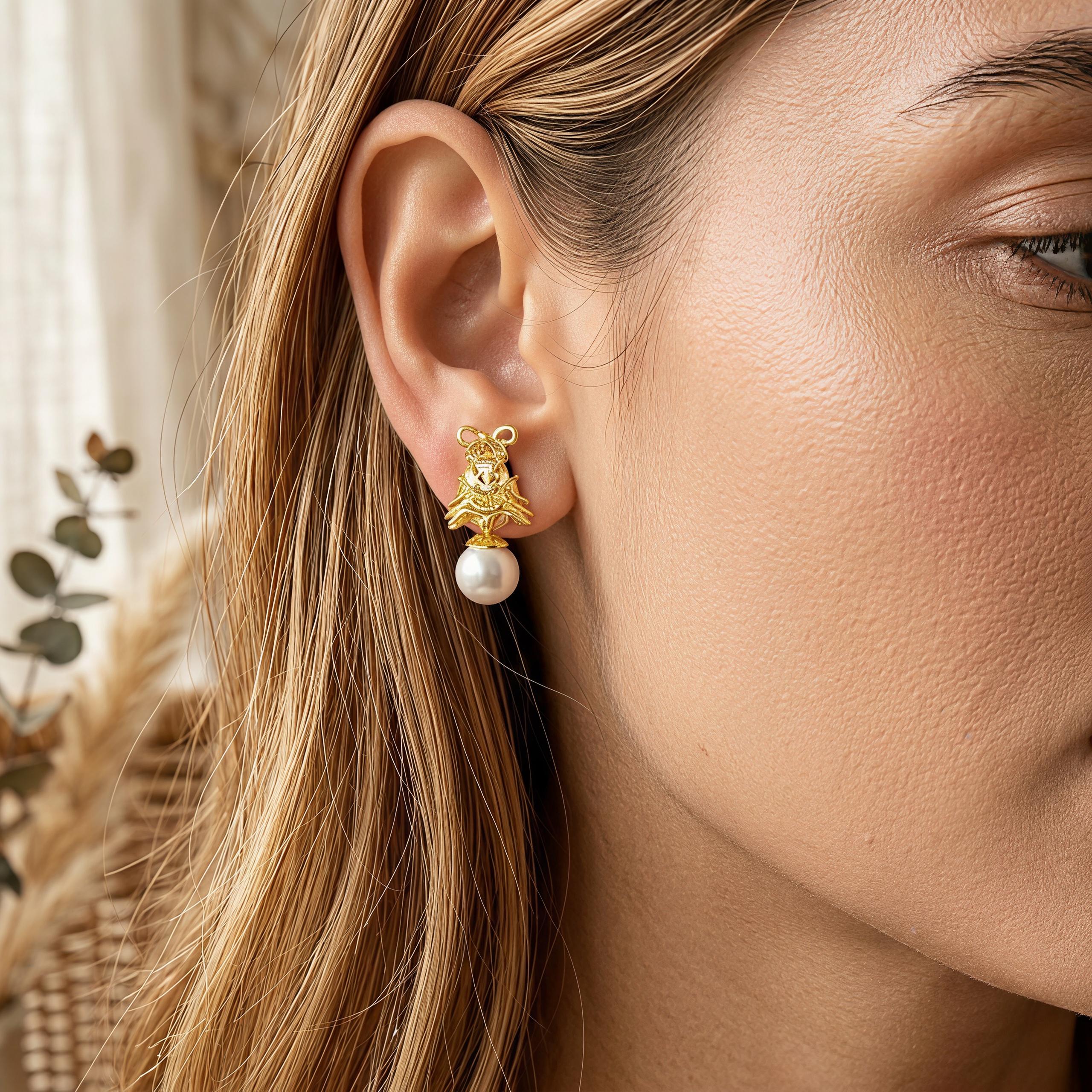 Vintage Gold Pearl Drop Earrings – CZ Ribbon Bell Earrings