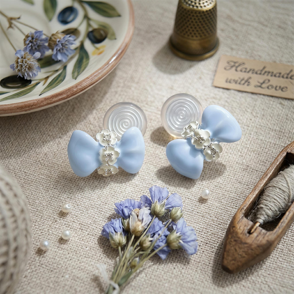 Blue Bow Flower Earrings – Enamel Zircon Studs & Clip On – 18K Gold Plated Ribbon Jewelry