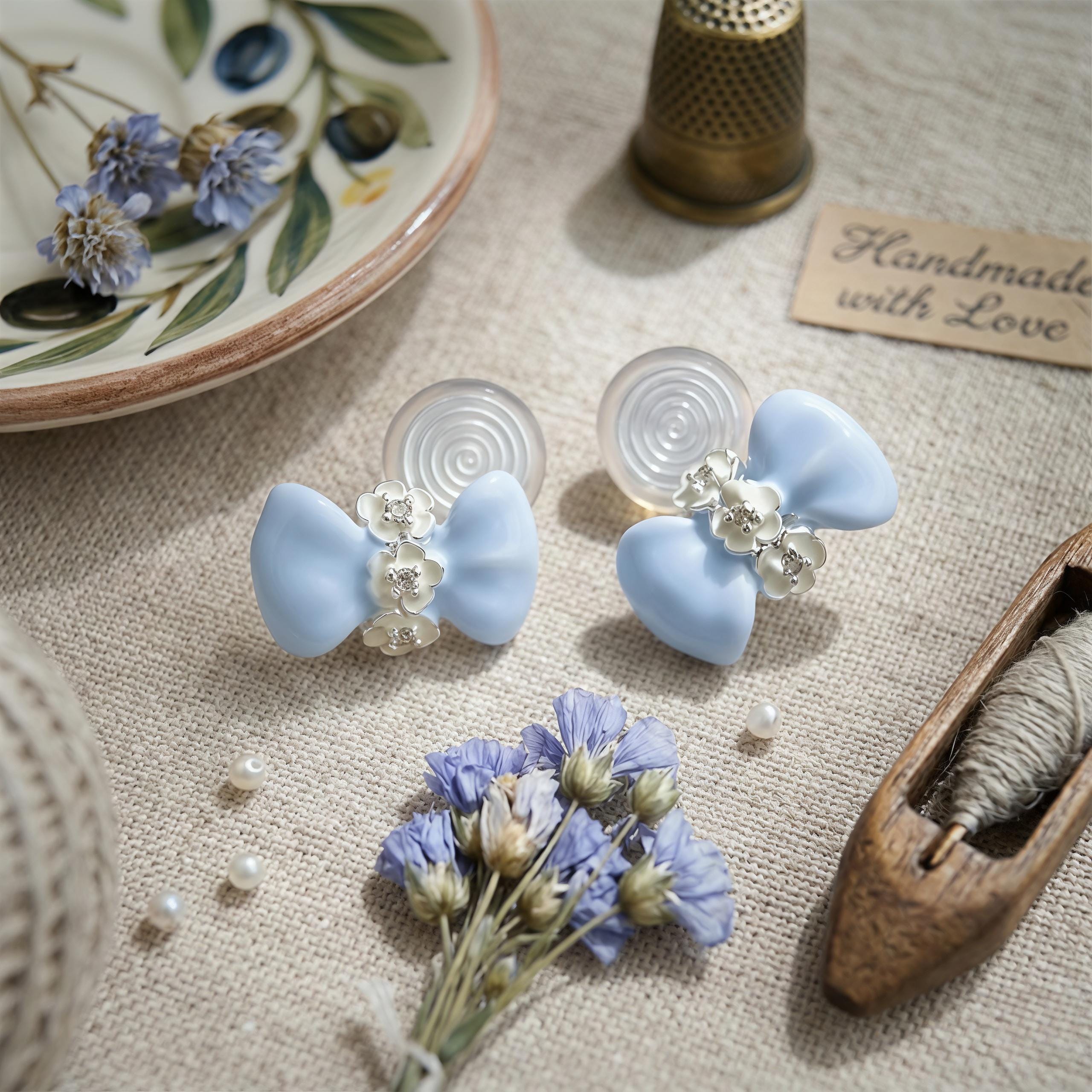 Blue Bow Flower Earrings – Enamel Zircon Studs & Clip On – 18K Gold Plated Ribbon Jewelry