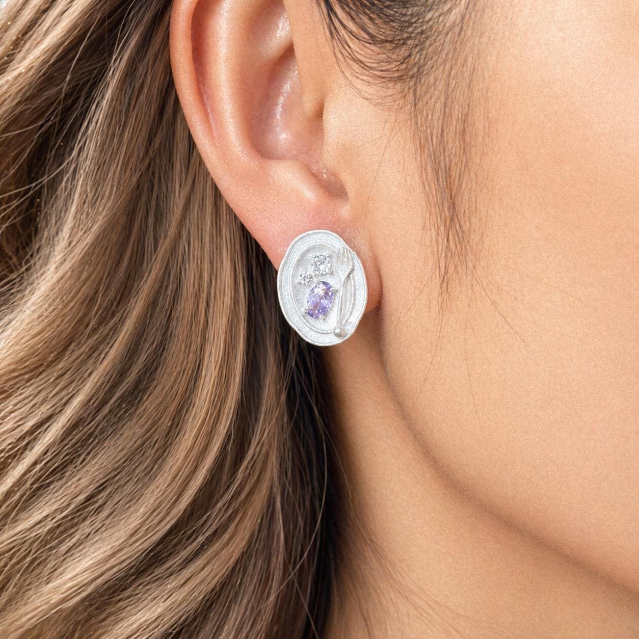 Silver Fork Earrings – Purple Gemstone & Pearl Utensil Stud Earrings