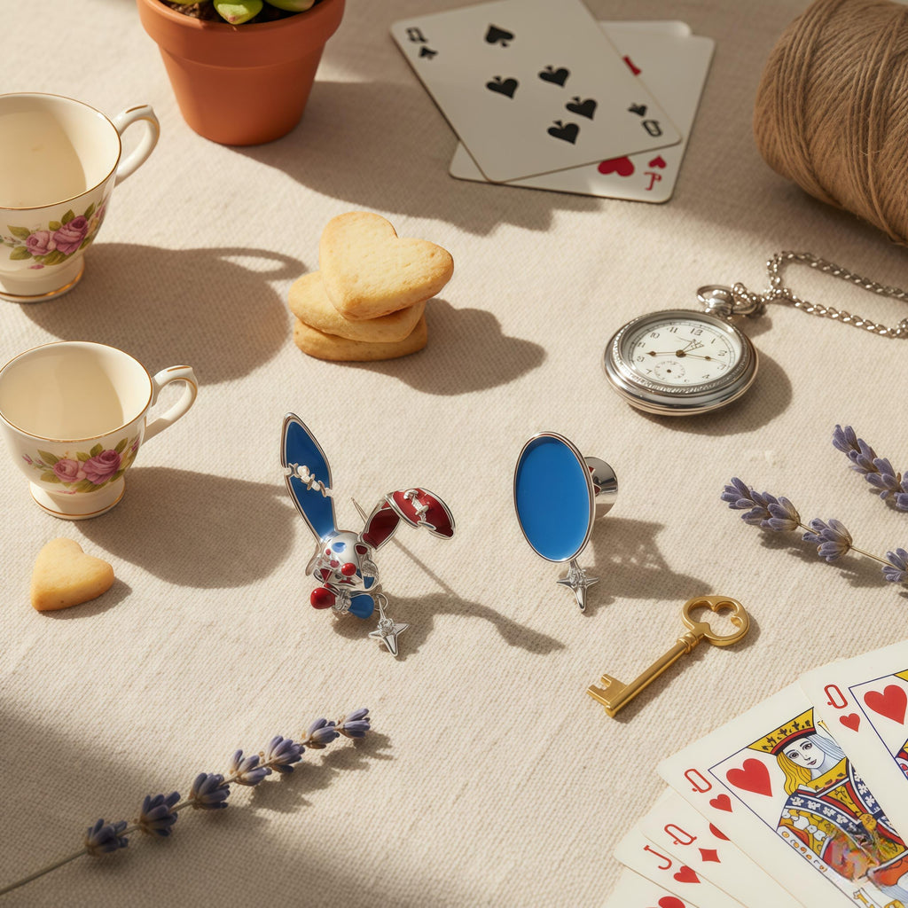 Mad Hatter Wonderland Earrings | Asymmetrical Red & Blue Enamel Studs | Rabbit and Hat Design