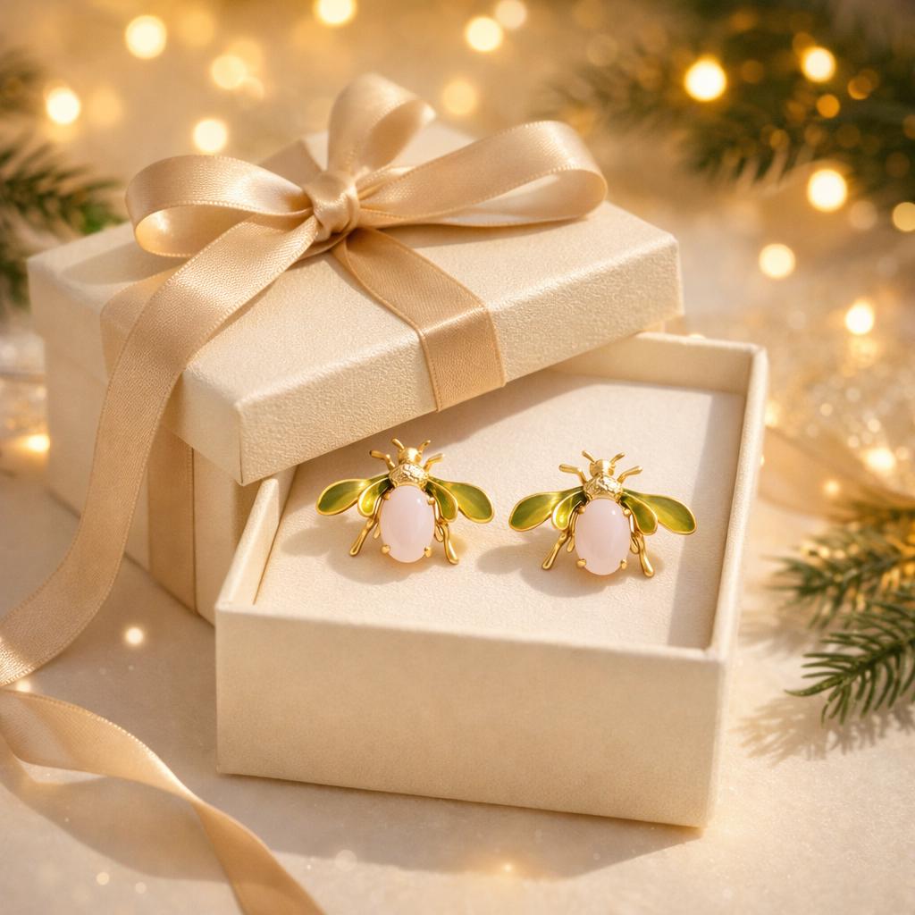 Vintage French Bee Enamel Earrings – Pink & Ivory Glass Statement Stud Earrings
