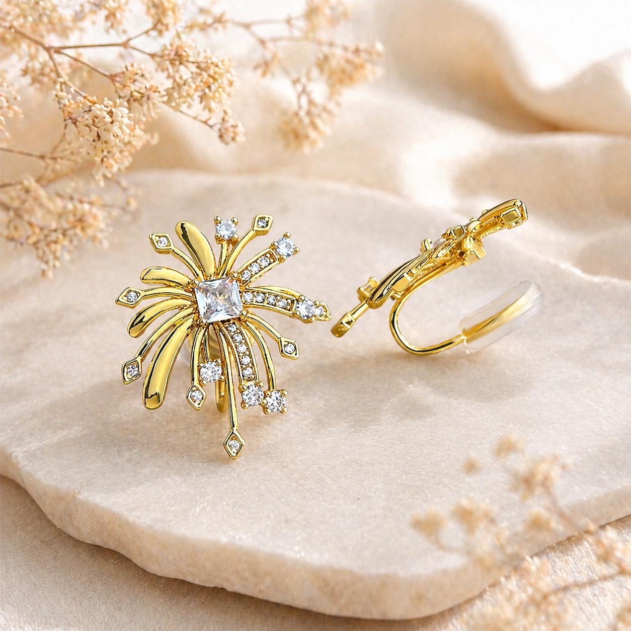 Gold Firework Stud Earrings – CZ Geometric Spark Burst Statement Earrings
