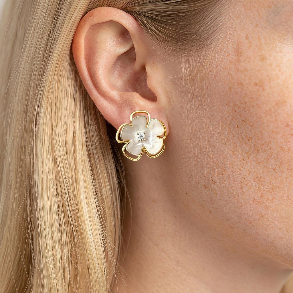 Elegant White Enamel Camellia Earrings – 18K Gold Plated Floral Studs with CZ