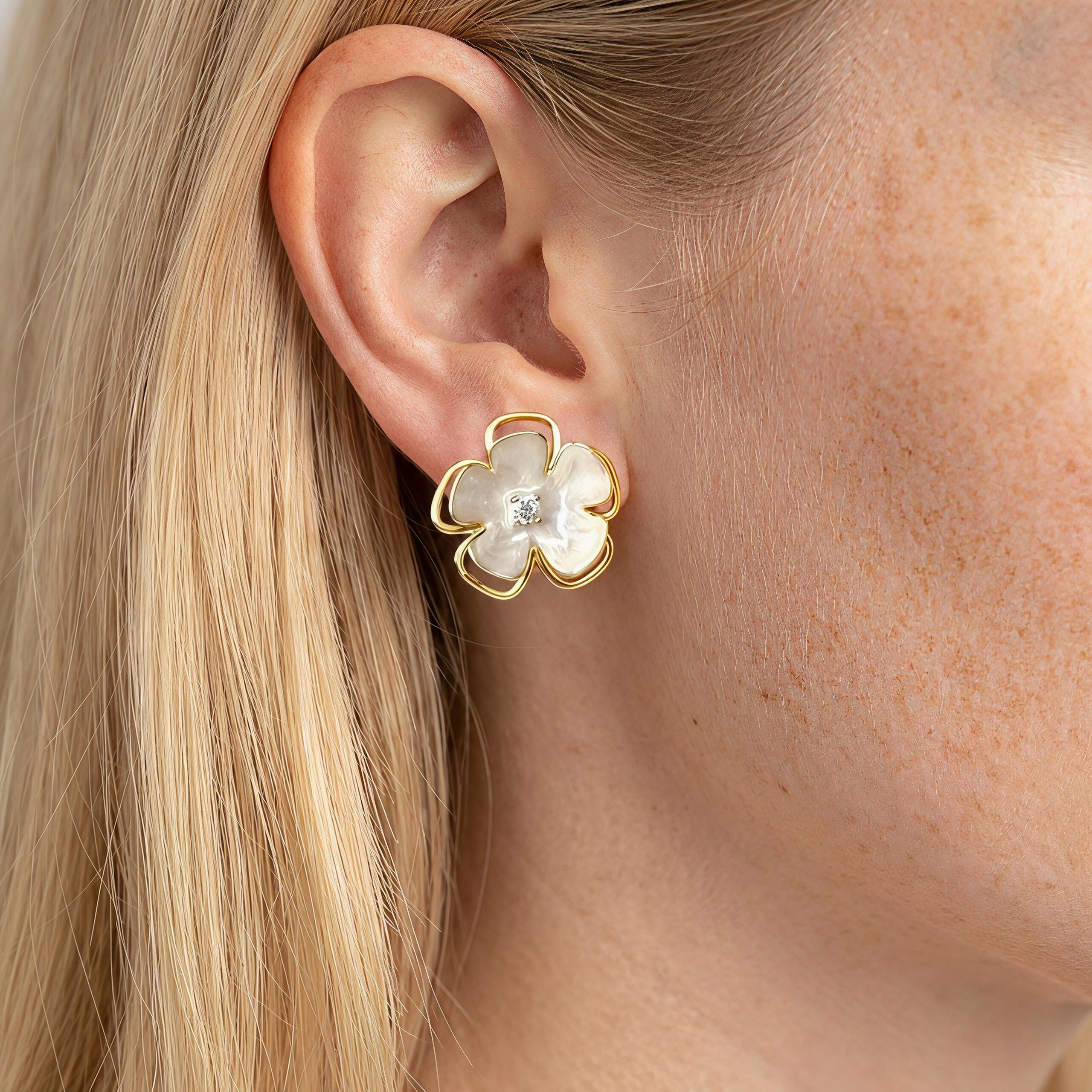 Elegant White Enamel Camellia Earrings – 18K Gold Plated Floral Studs with CZ