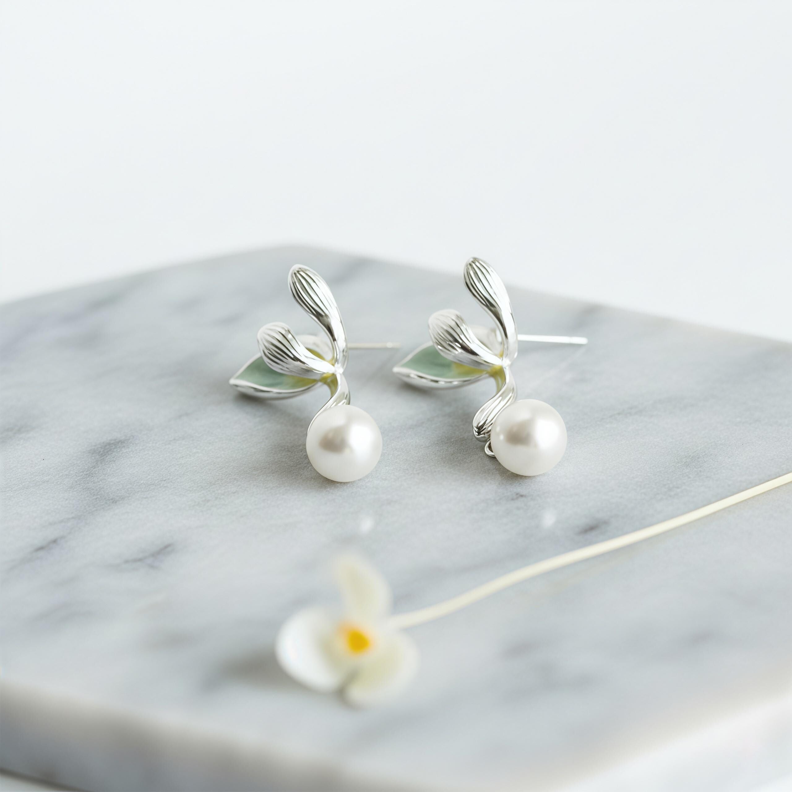Gradient Green Orchid Dangle Earrings – Enamel Flower Earrings with Pearl Drops