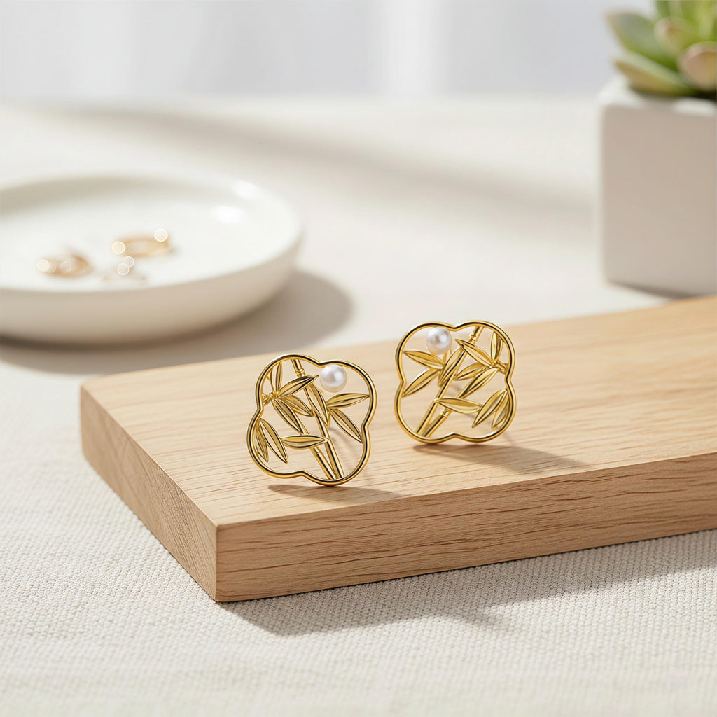 Oriental Bamboo Leaf Earrings – 18K Gold Plated Pearl Stud Earrings