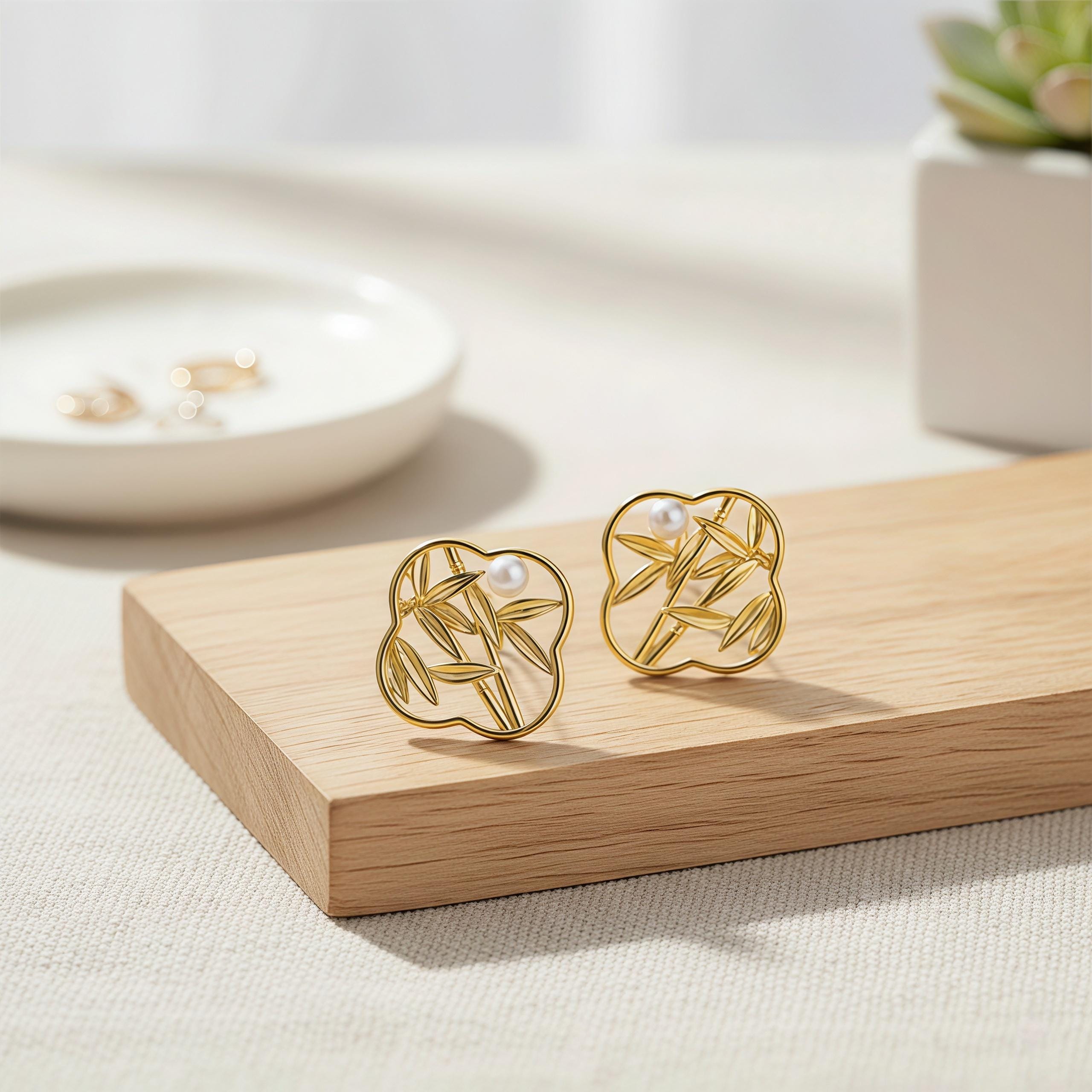Oriental Bamboo Leaf Earrings – 18K Gold Plated Pearl Stud Earrings