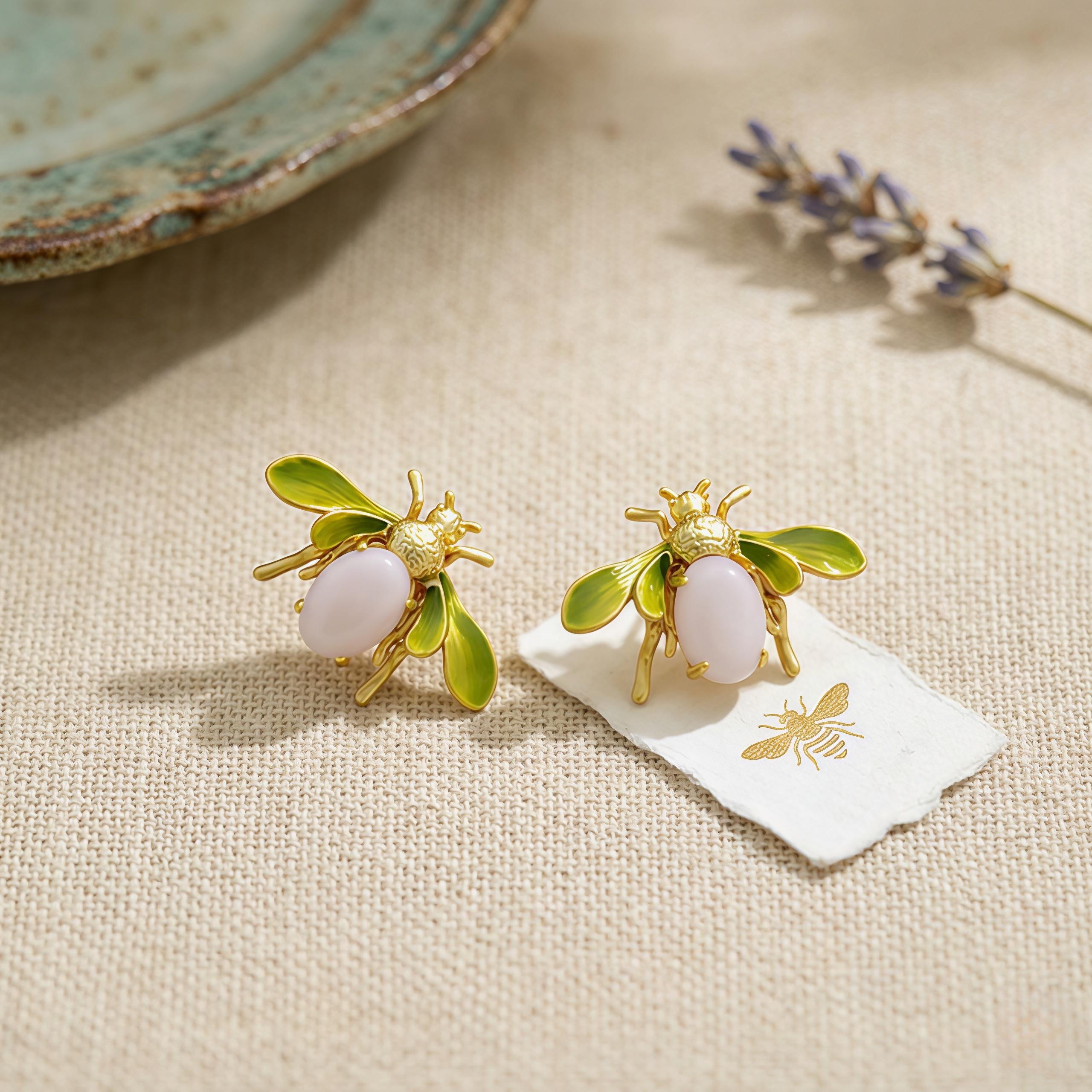 Vintage French Bee Enamel Earrings – Pink & Ivory Glass Statement Stud Earrings
