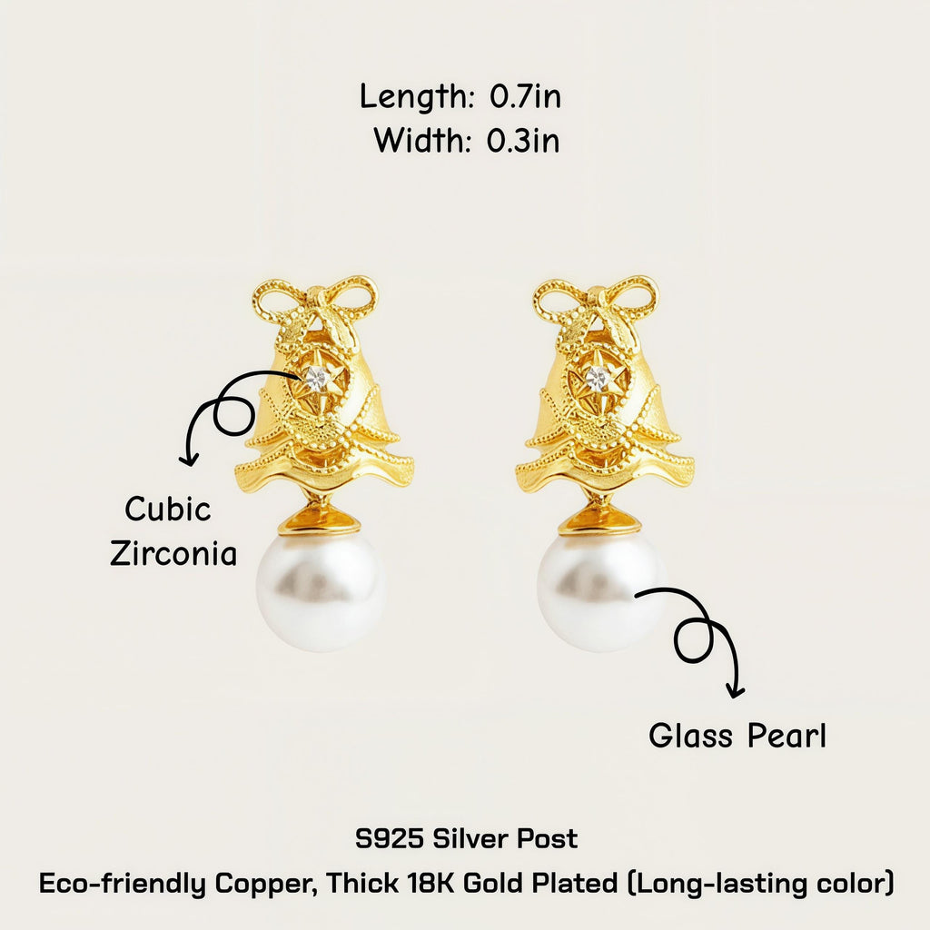 Vintage Gold Pearl Drop Earrings – CZ Ribbon Bell Earrings