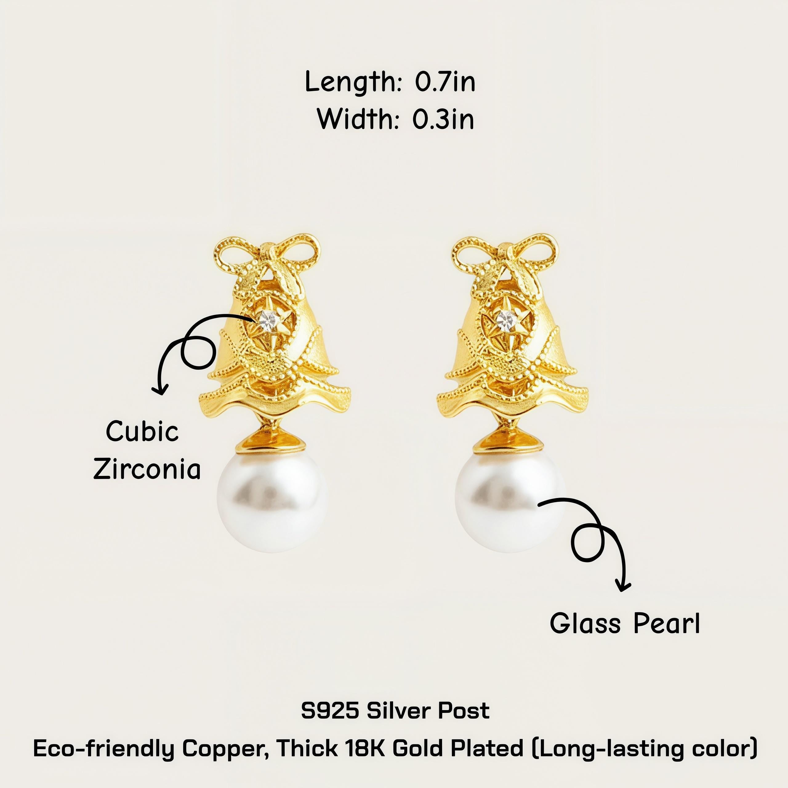 Vintage Gold Pearl Drop Earrings – CZ Ribbon Bell Earrings