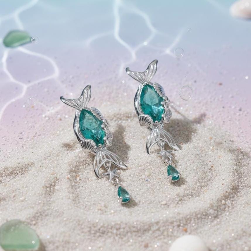 Mermaid Tail Earrings – Ocean-Inspired Fantasy Earrings with Emerald Green Zircon