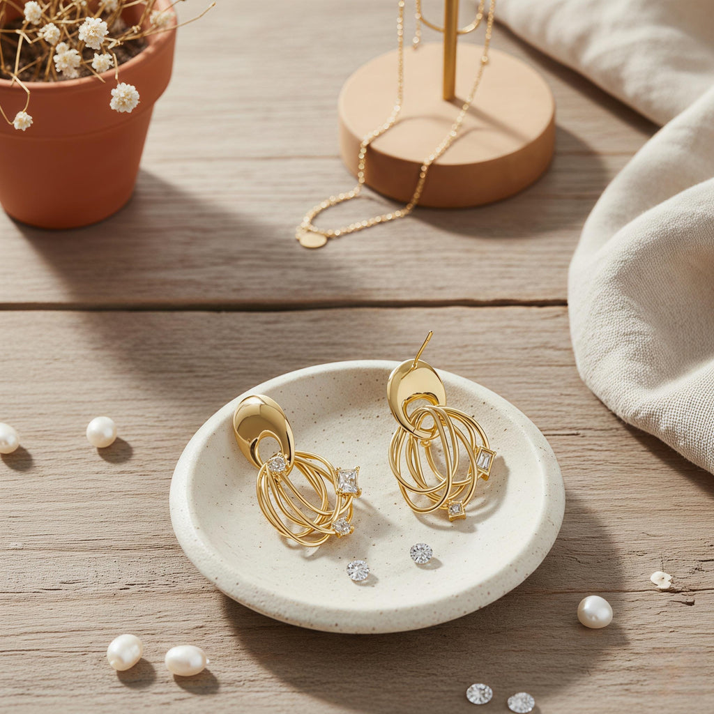 Abstract Geometric Orbital Stud Earrings – 18K Gold Plated Modern Art Earrings