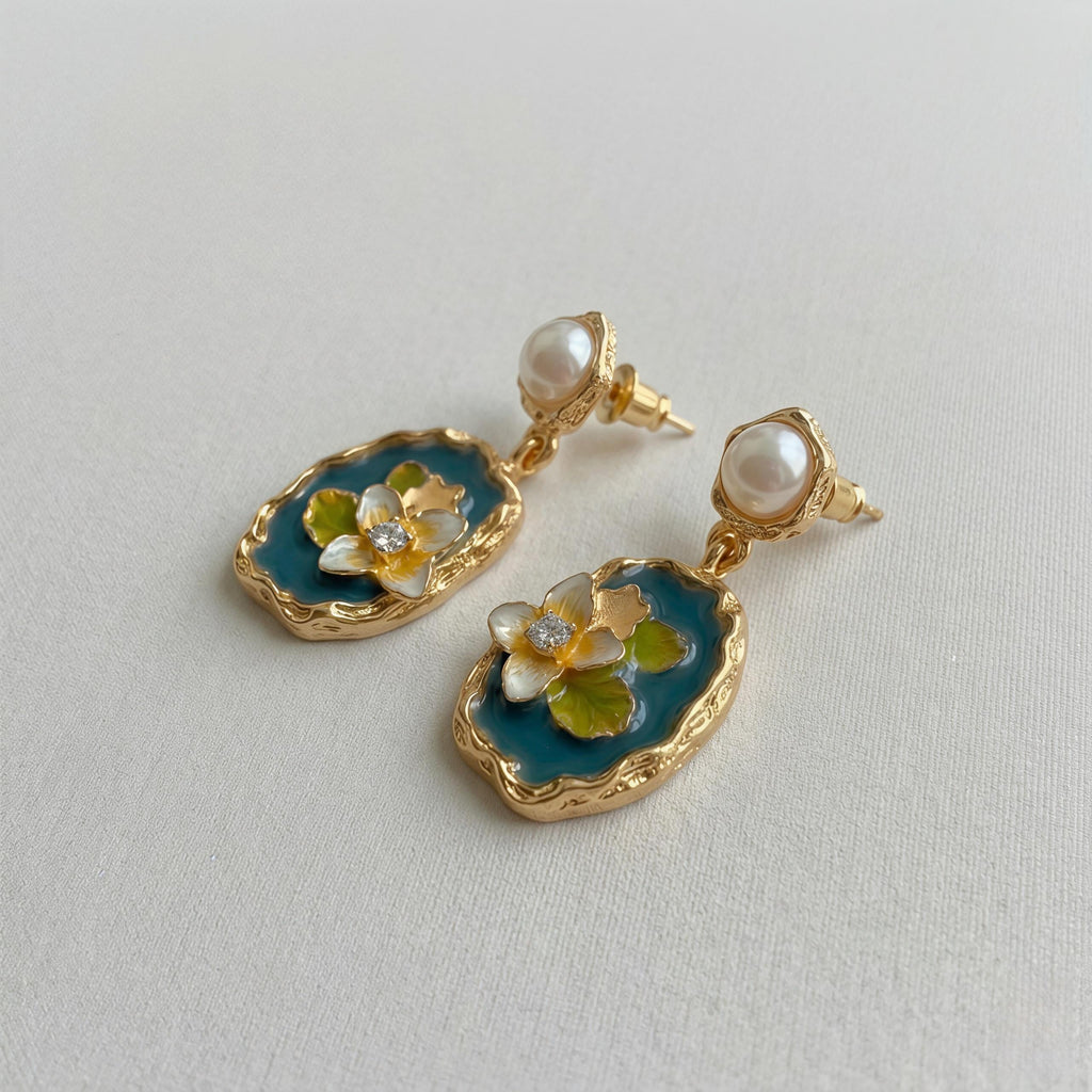 Monet Lotus Earrings – Enamel Floral Art Jewelry with Freshwater Pearl
