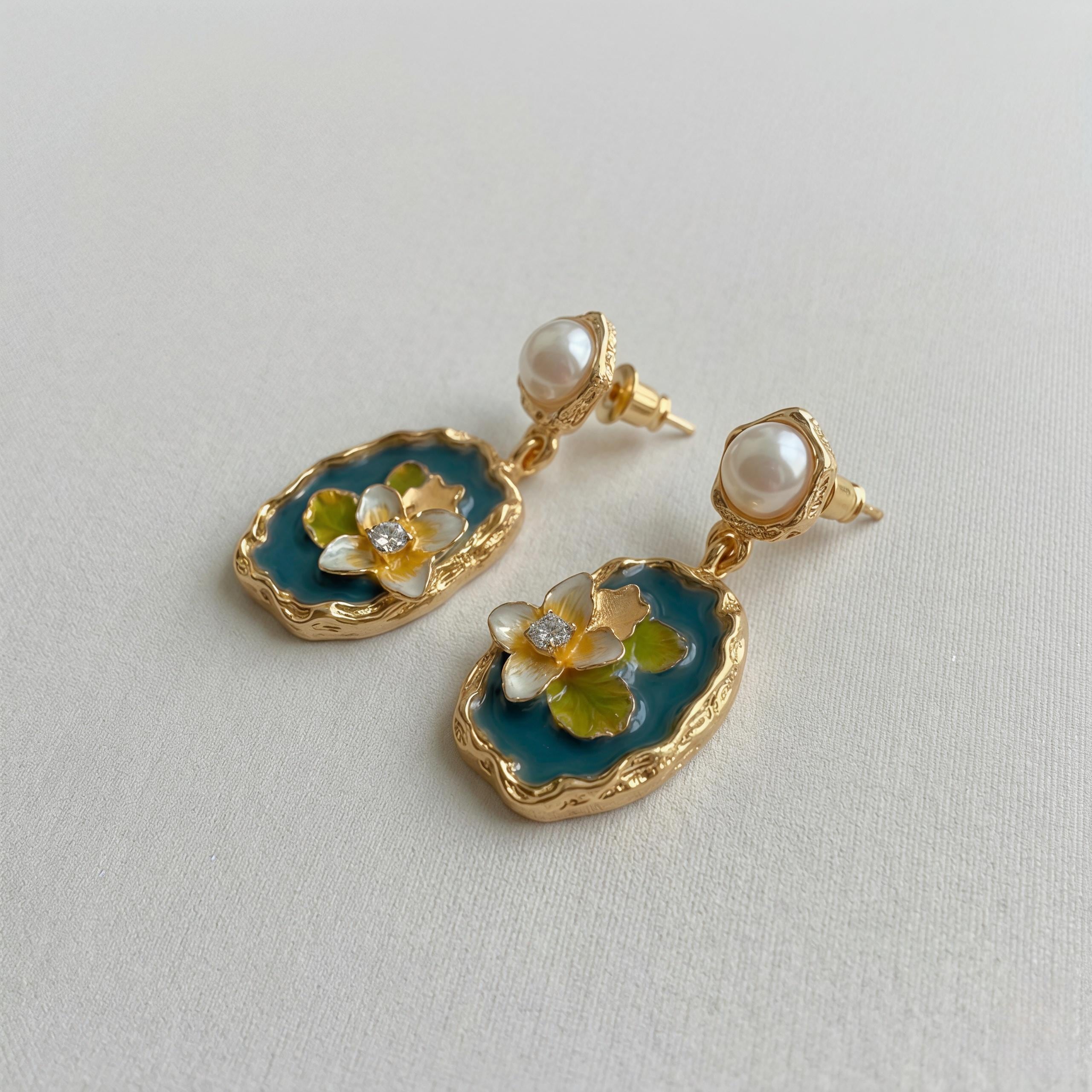 Monet Lotus Earrings – Enamel Floral Art Jewelry with Freshwater Pearl