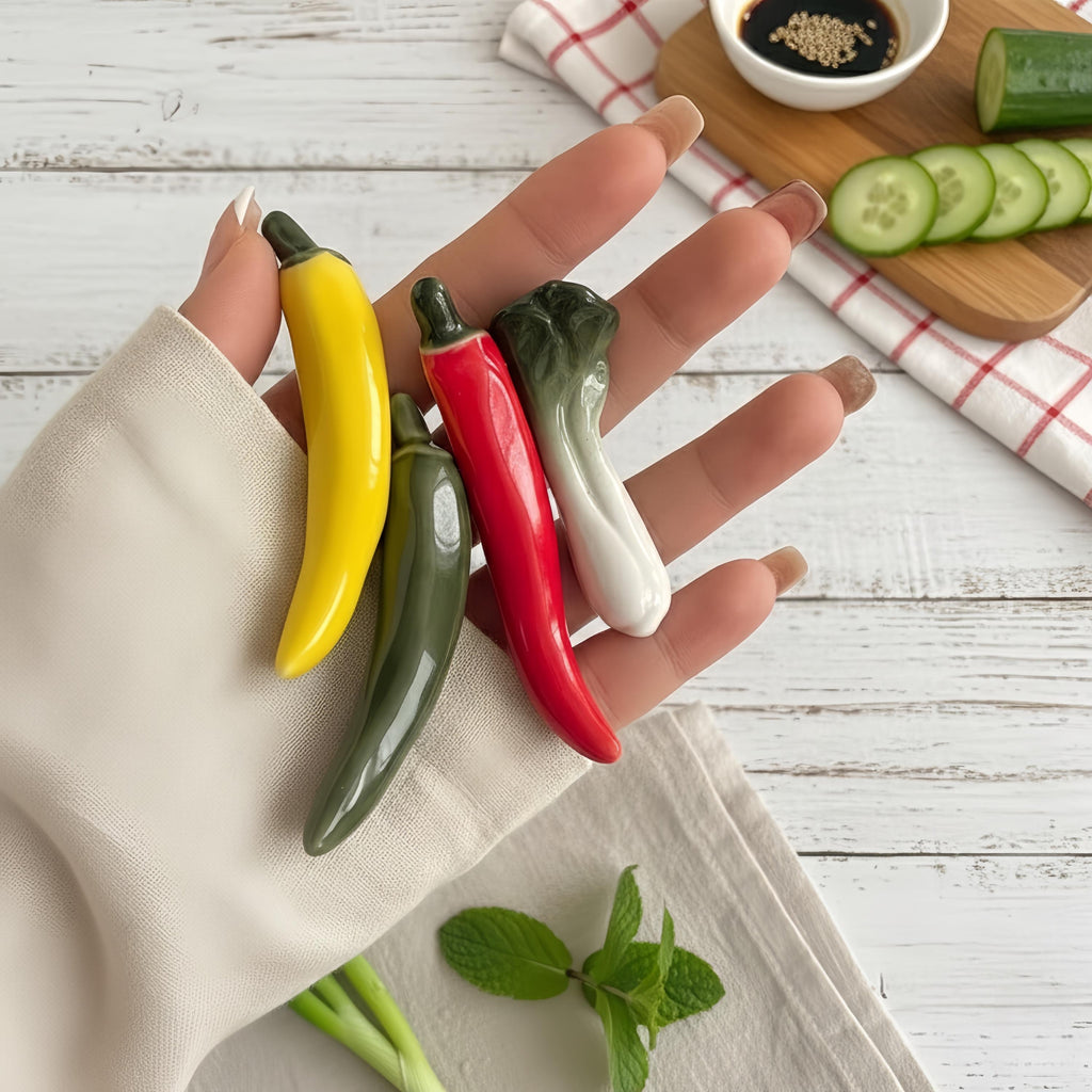 Kawaii Vegetable Ceramic Chopstick Rest | Chili & Bok Choy Spoon Holder