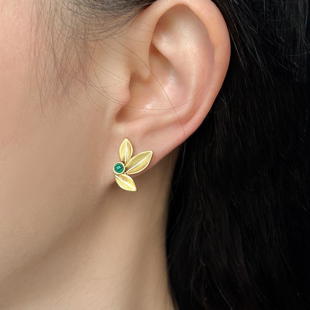 Sunlit Forest Gold Leaf Stud Earrings – 18K Gold Plated Leaf Earrings with Green Stone