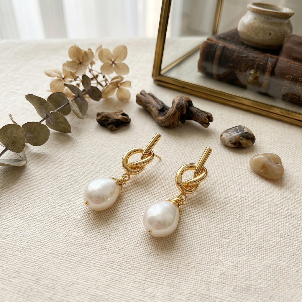 Minimalist Pearl Drop Earrings – Gold Knot Studs with Freshwater Pearl