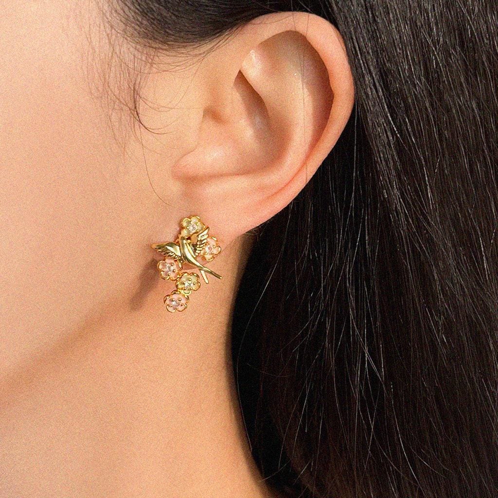 Gold Swallow Earrings – Enamel Cherry Blossom & Zircon Bird Earrings