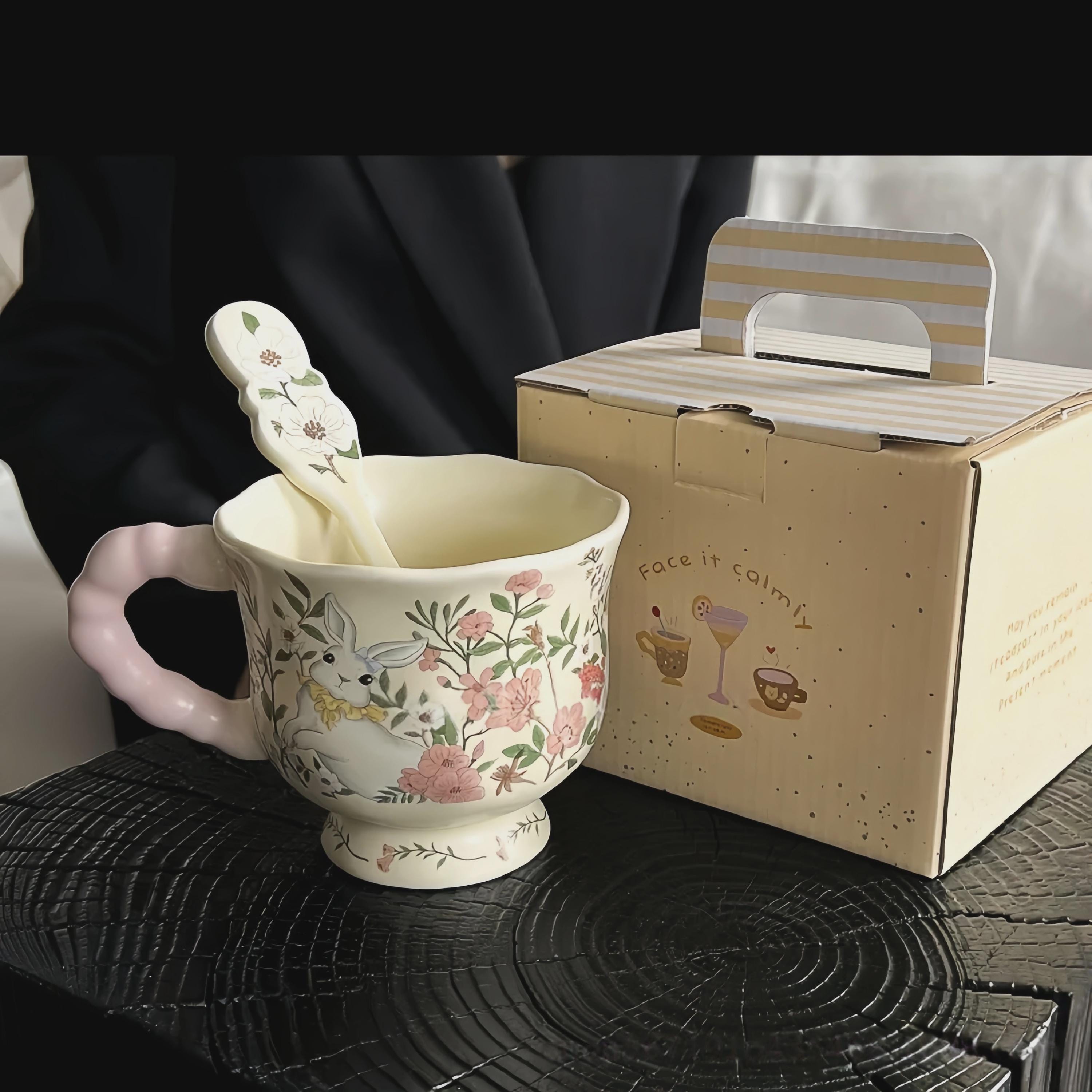 Cottagecore Bunny Mug Set | Hand-Painted Floral Ceramic Coffee Cup