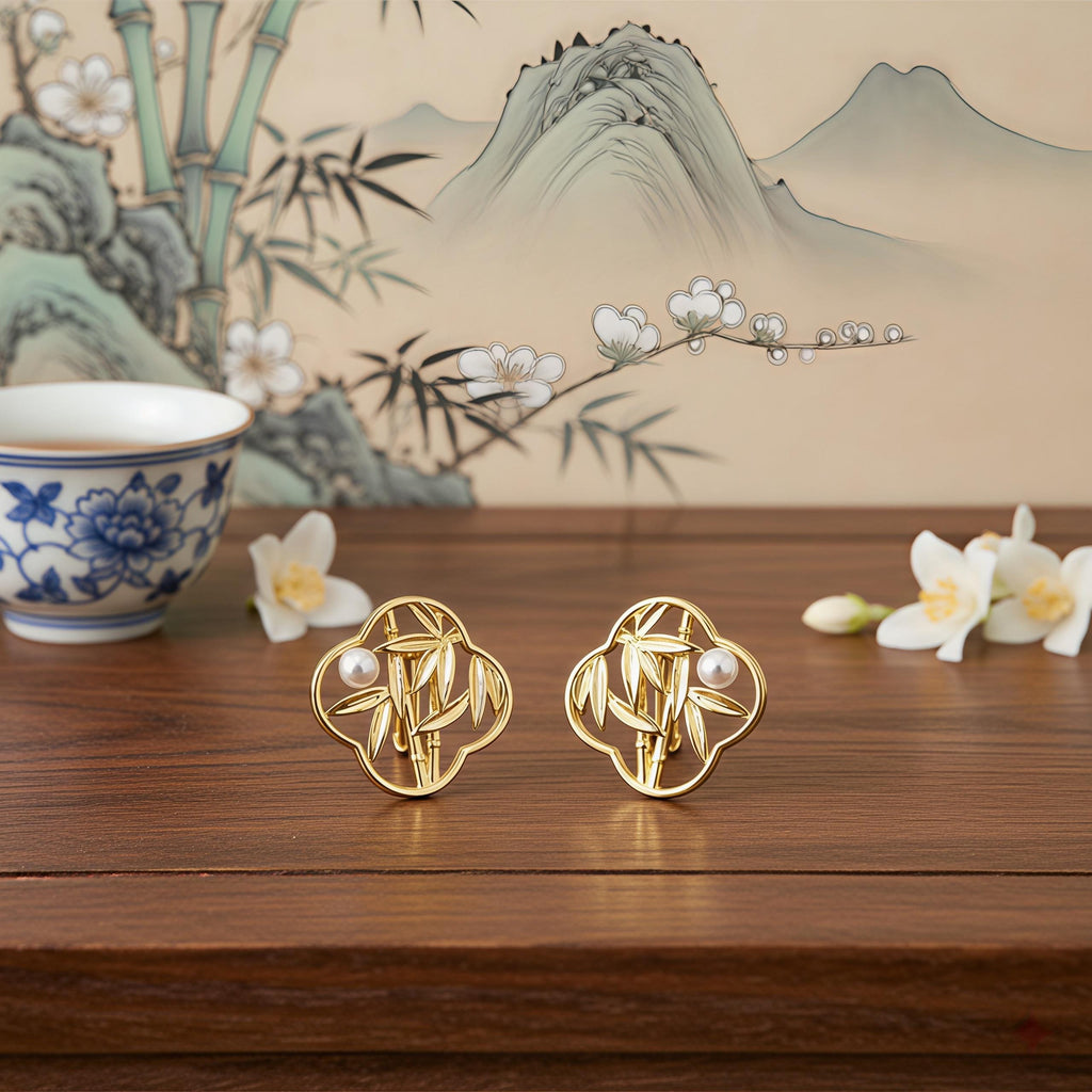 Oriental Bamboo Leaf Earrings – 18K Gold Plated Pearl Stud Earrings