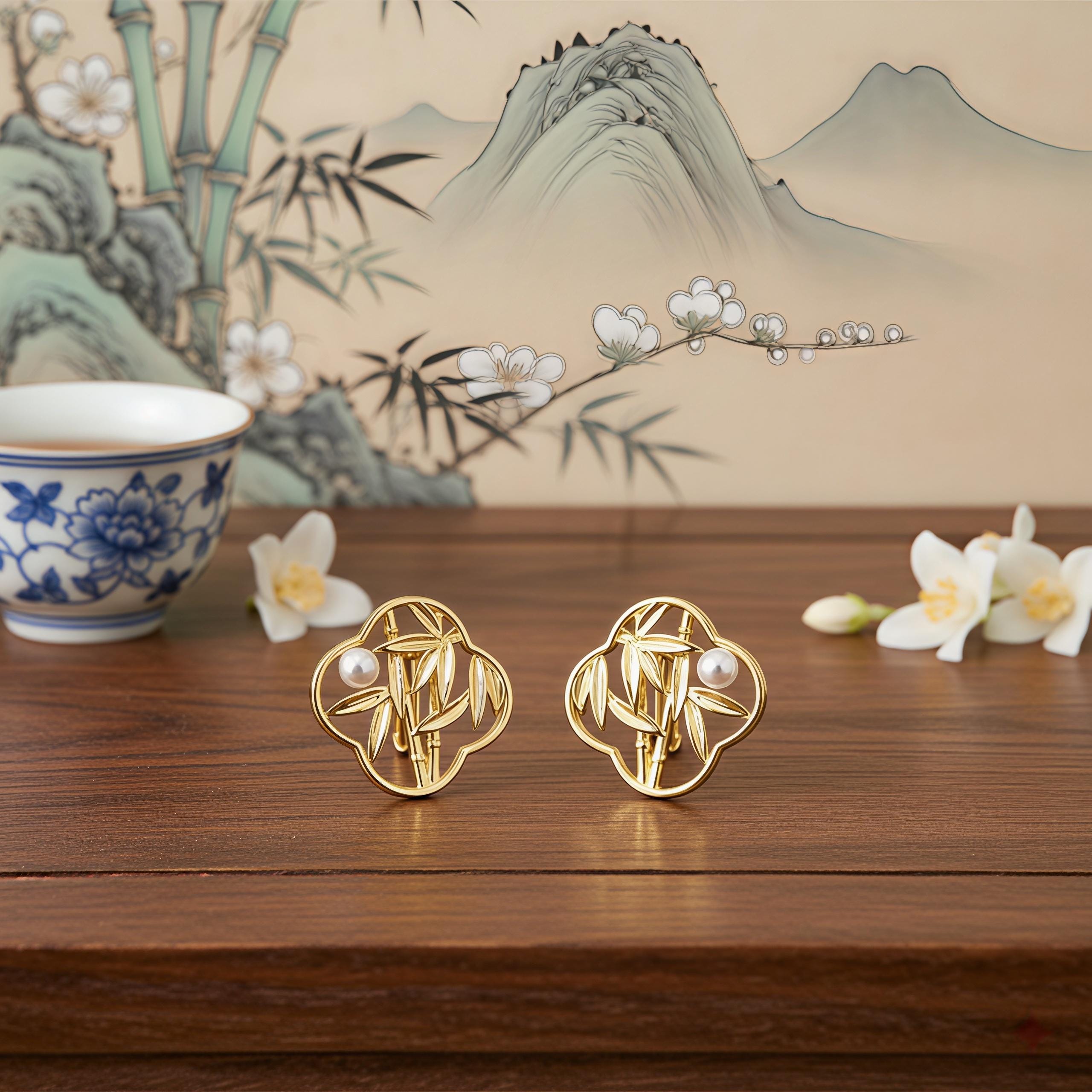 Oriental Bamboo Leaf Earrings – 18K Gold Plated Pearl Stud Earrings
