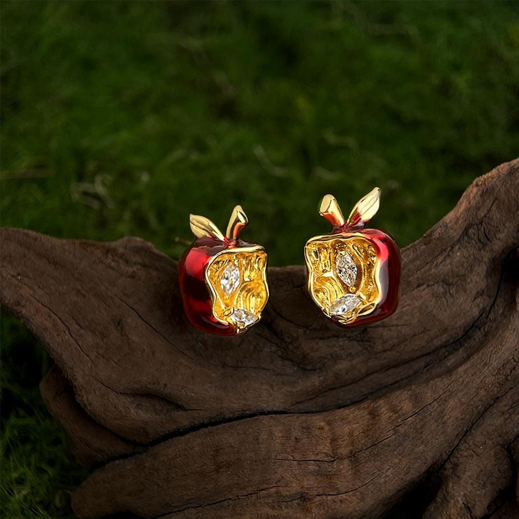 Forbidden Apple Earrings – Red Enamel Apple Stud Earrings with Zircon