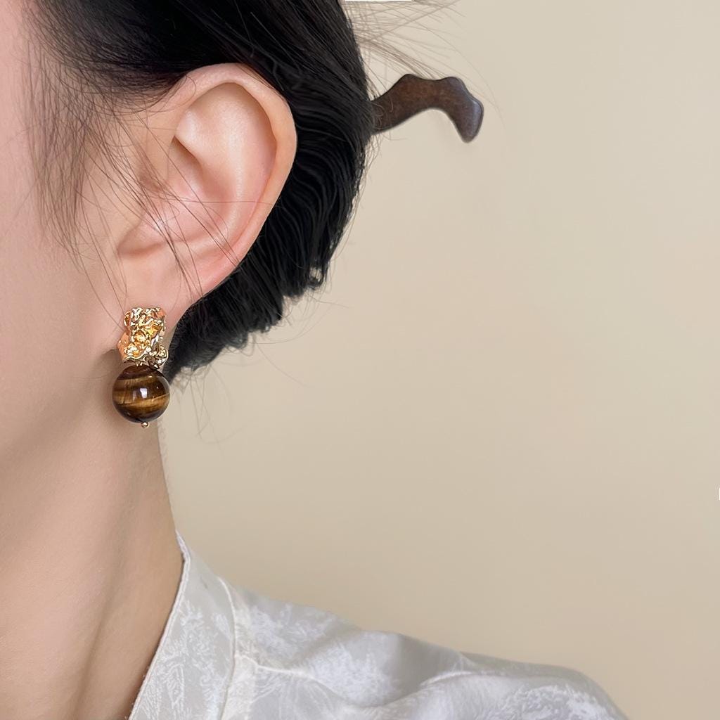 Tiger’s Eye Brass Earrings – Sculptural Gold Plated Statement Earrings