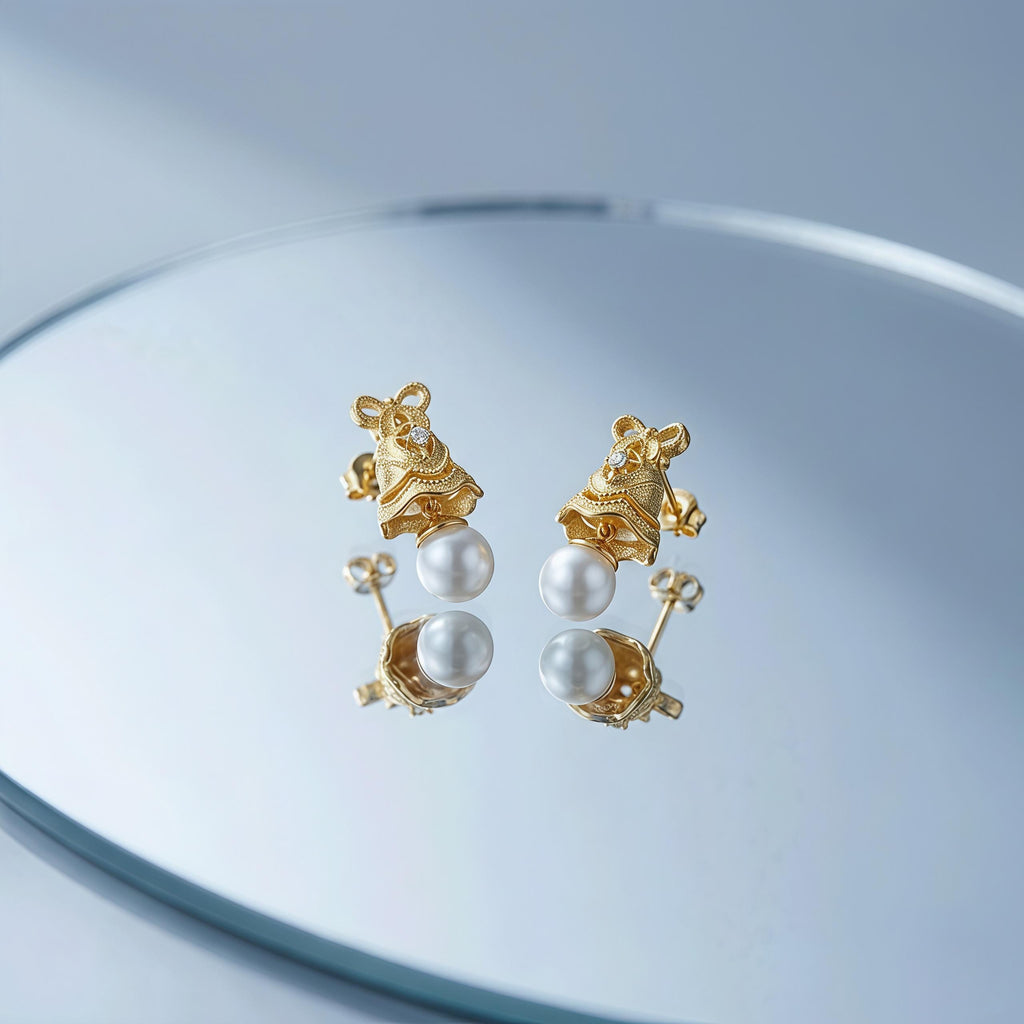 Vintage Gold Pearl Drop Earrings – CZ Ribbon Bell Earrings