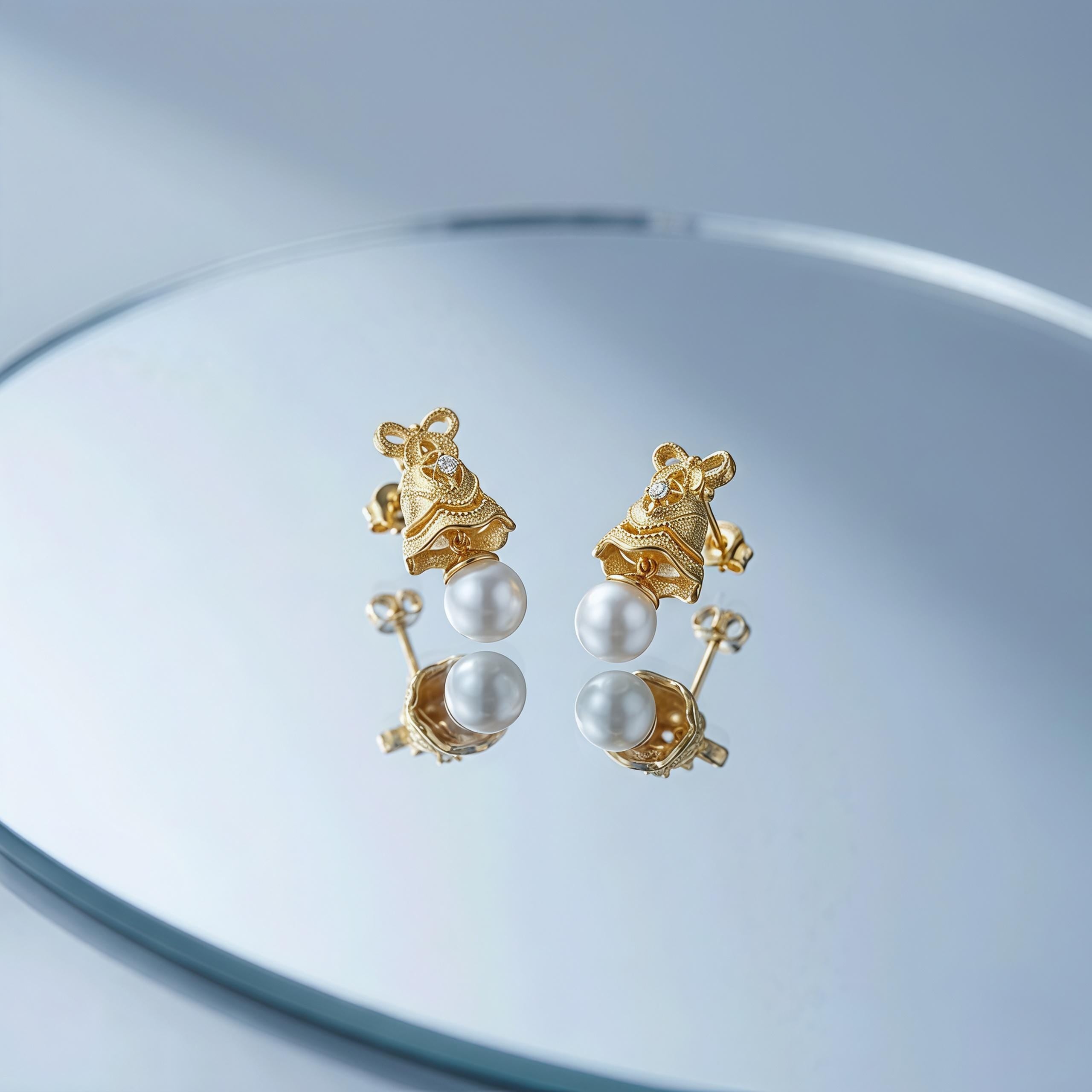 Vintage Gold Pearl Drop Earrings – CZ Ribbon Bell Earrings