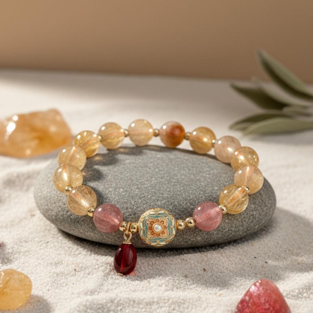 Golden Rutilated Quartz & Strawberry Quartz Bracelet - Guardian Collection | Healing Crystal Stretch