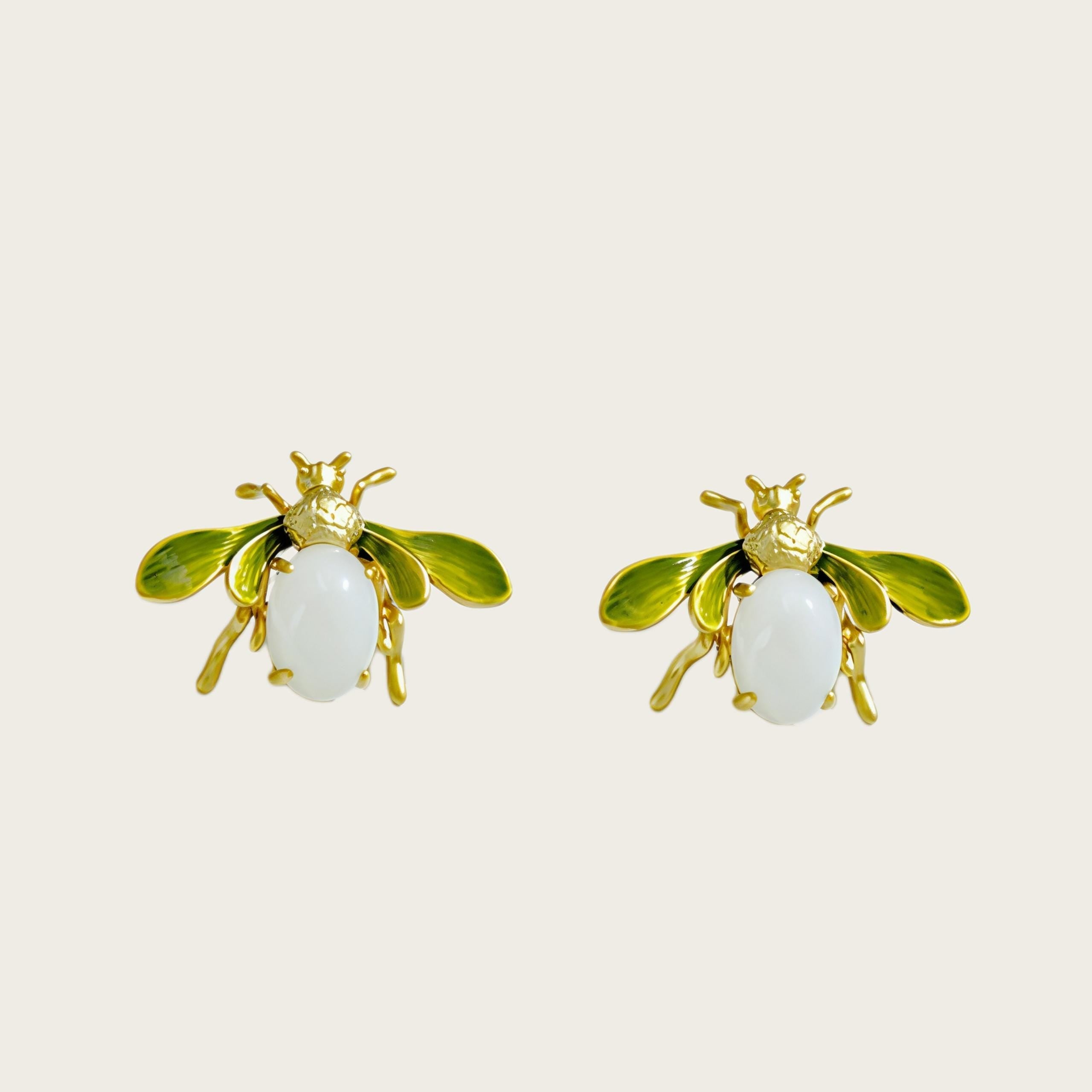 Vintage French Bee Enamel Earrings – Pink & Ivory Glass Statement Stud Earrings