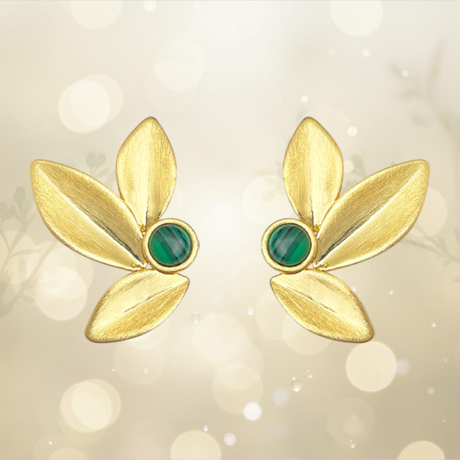 Sunlit Forest Gold Leaf Stud Earrings – 18K Gold Plated Leaf Earrings with Green Stone