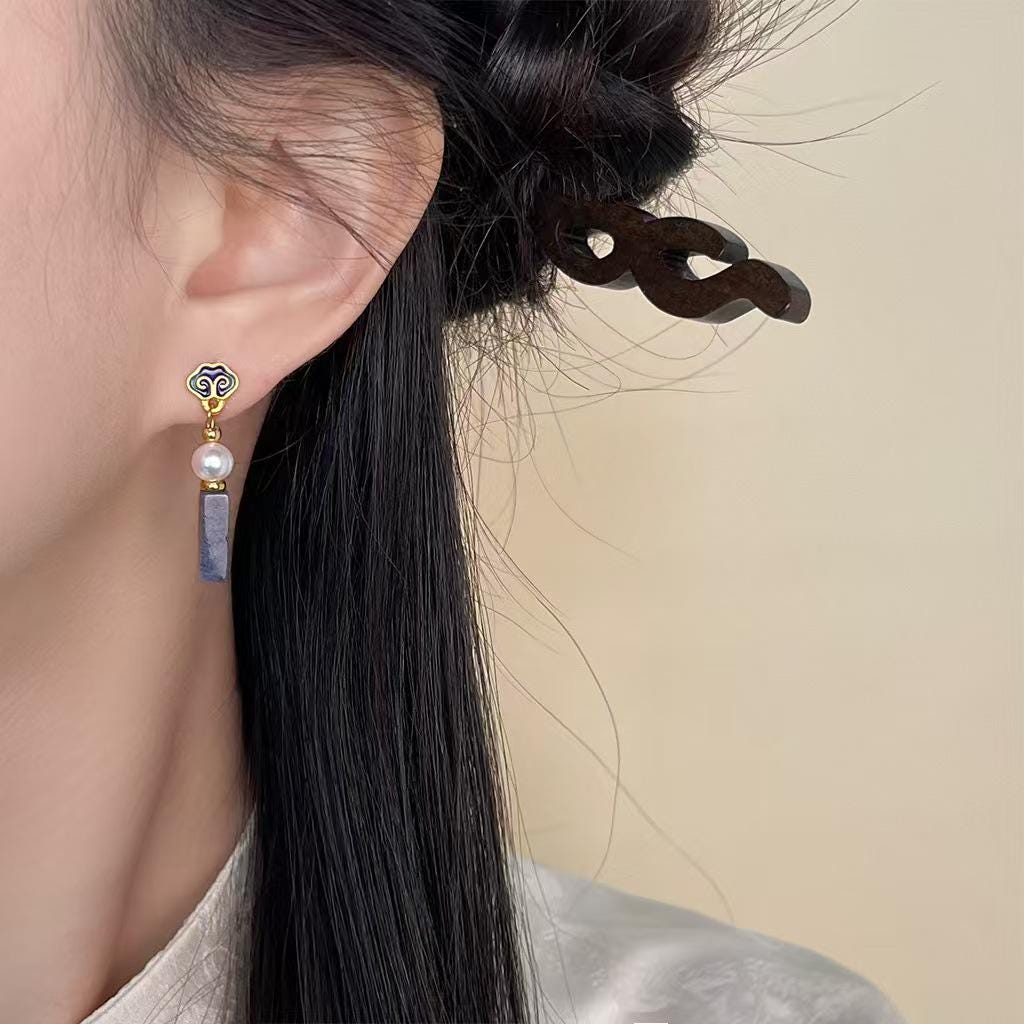 Cloisonné Enamel Earrings – Handmade Pearl & Blue Jasper Earrings
