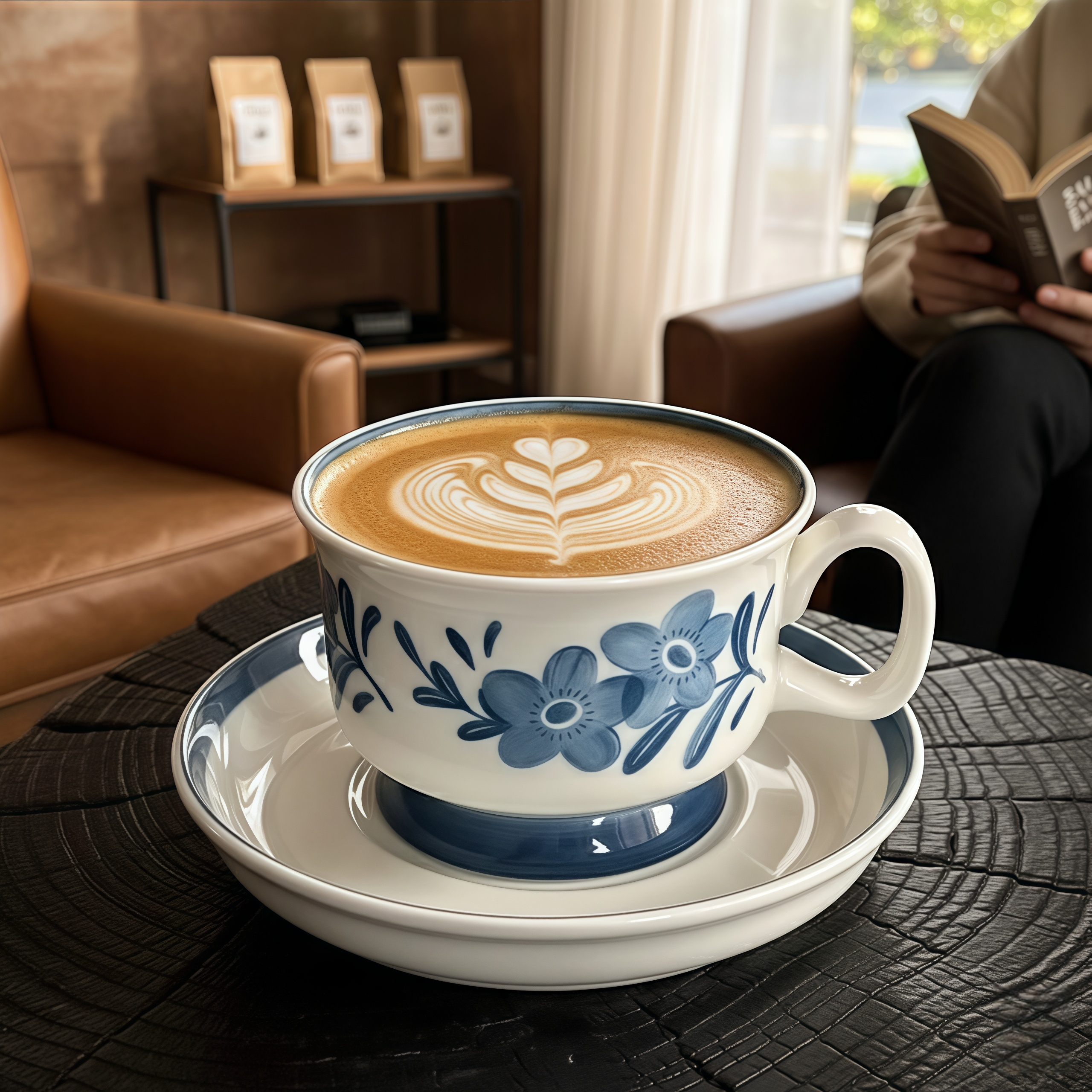 Blue Floral Ceramic Mug with Matching Coaster | Hand-Painted Folk Flower Cup Set