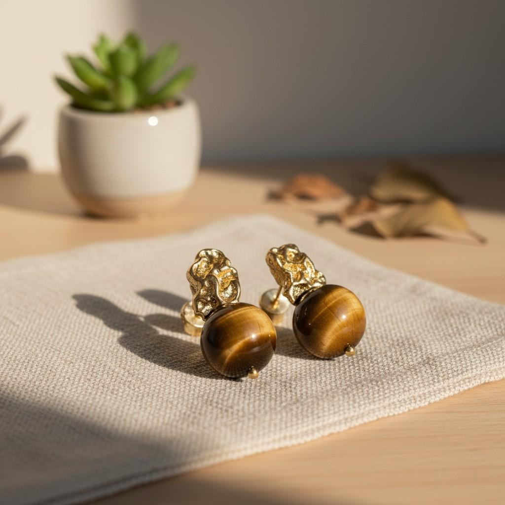 Tiger’s Eye Brass Earrings – Sculptural Gold Plated Statement Earrings