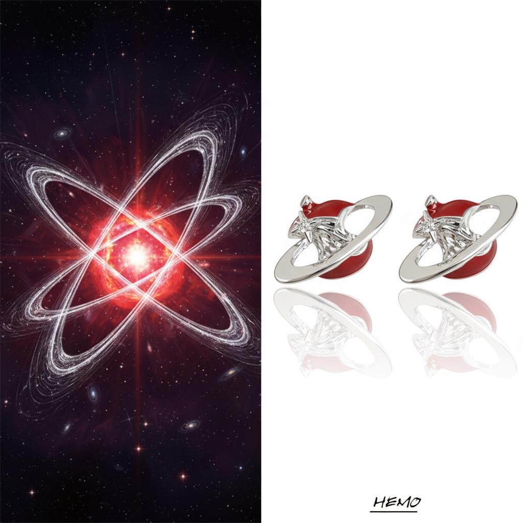 Red Enamel Apple Core Planet Earrings – Surreal Orbit Stud Earrings with CZ