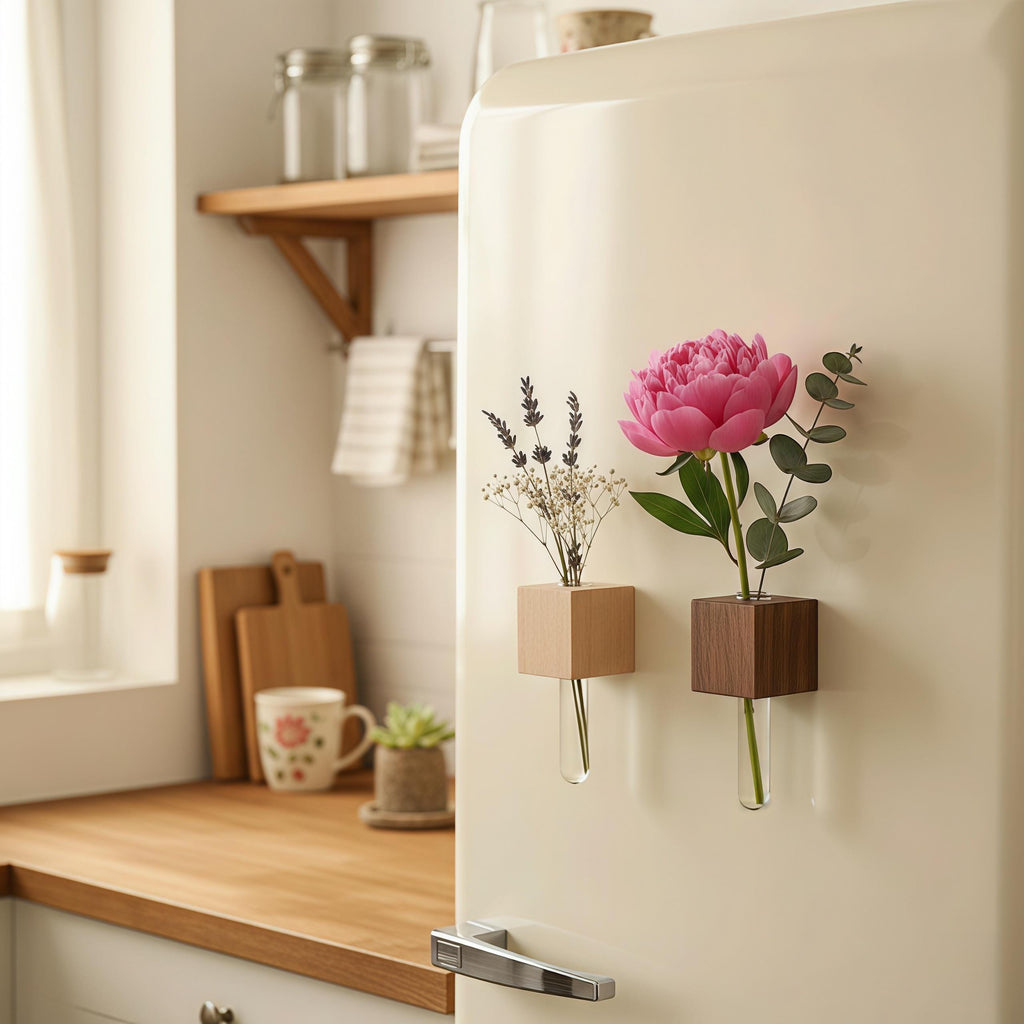 Minimalist Wood Propagation Tube | Magnetic and Adhesive Plant Holder | Walnut & Beech Bud Vase