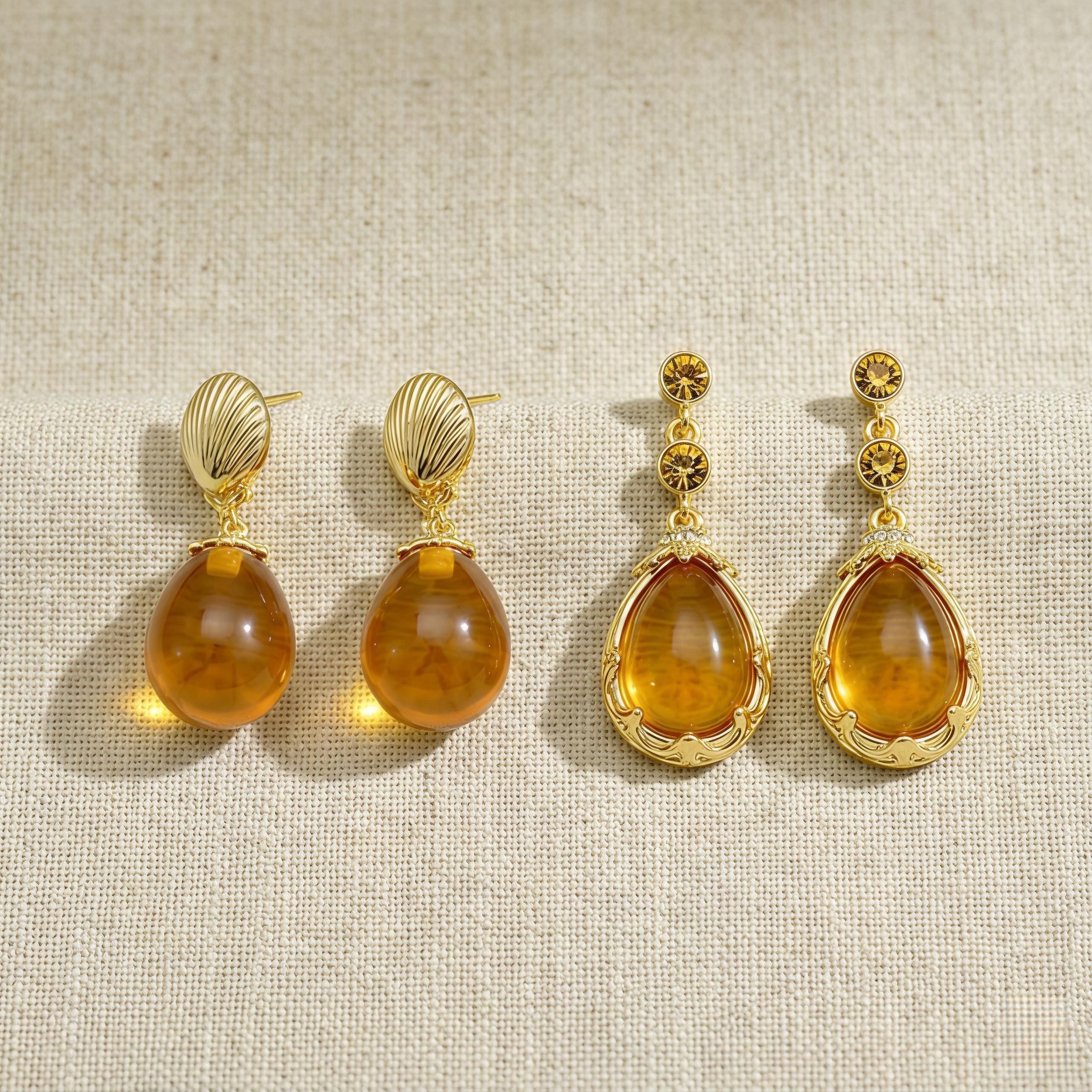 Amber Teardrop Earrings – Vintage Gold Shell & Long Drop Earrings – Elegant Statement Jewelry