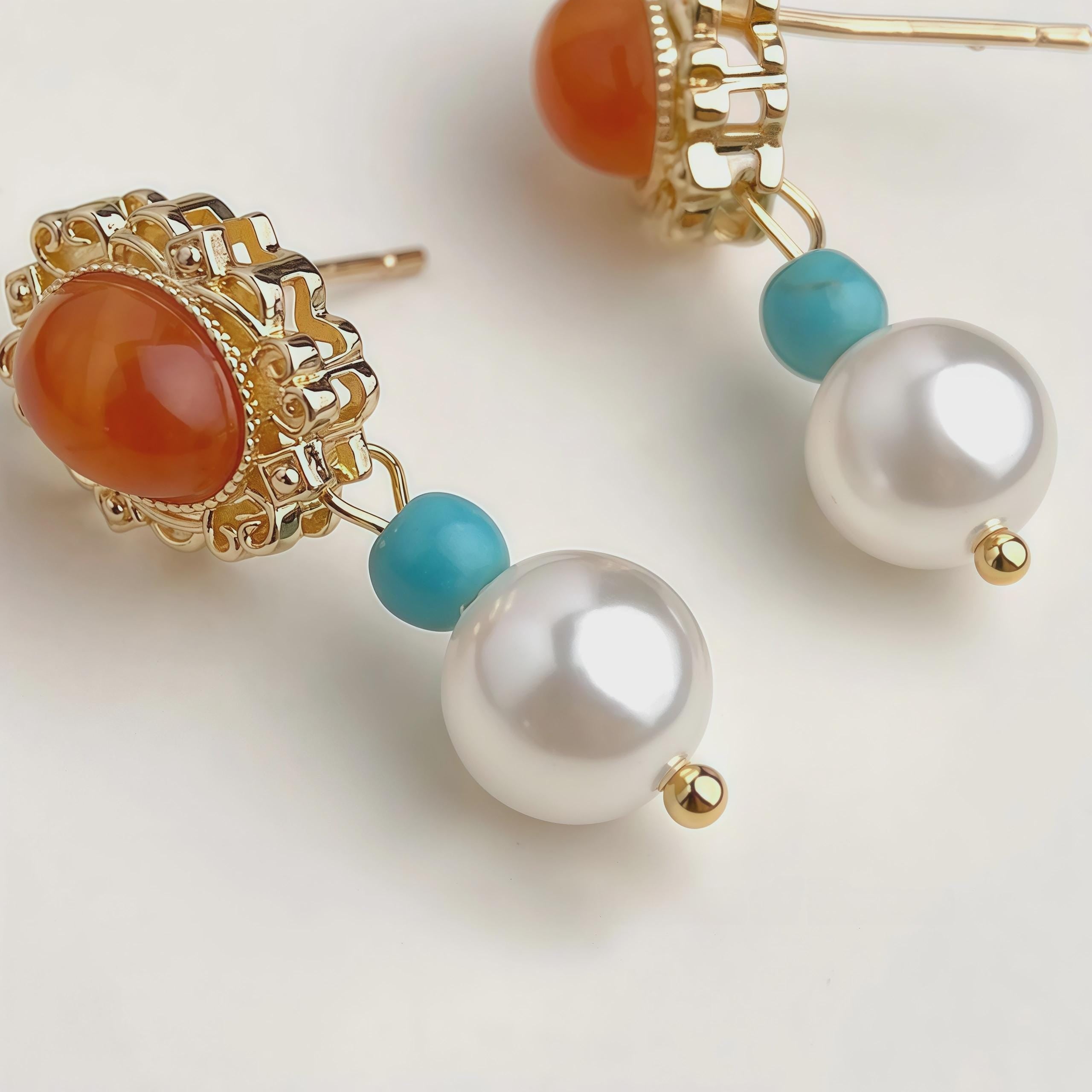 Rococo Romance Earrings – Amber, Turquoise & Pearl Filigree Earrings