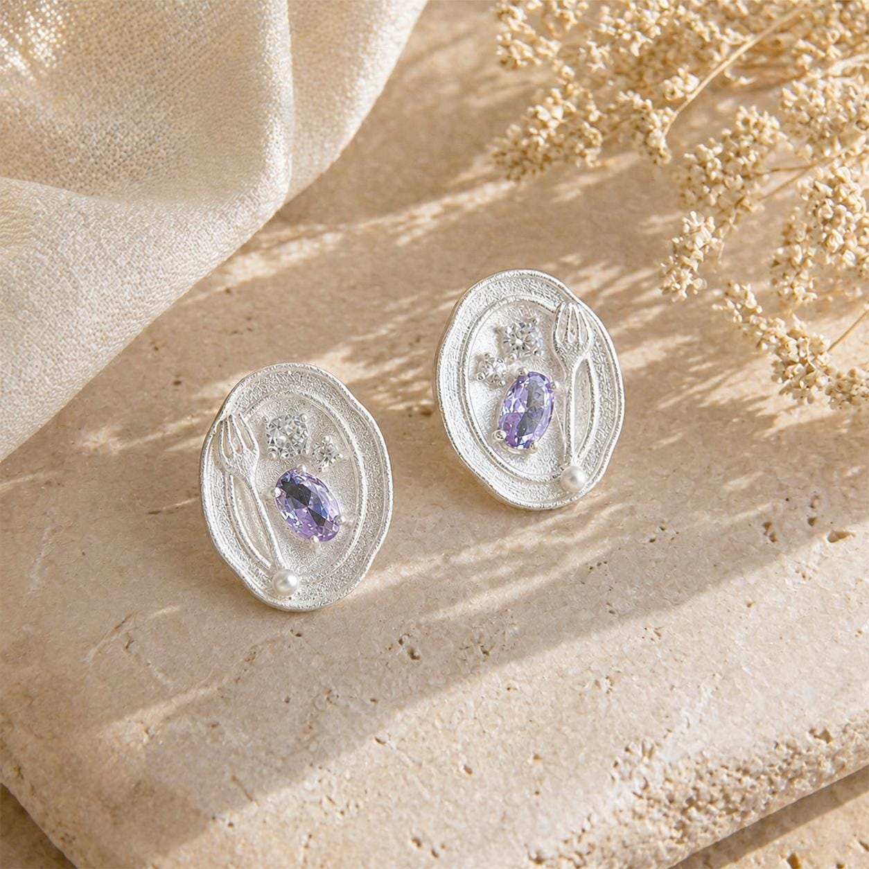 Silver Fork Earrings – Purple Gemstone & Pearl Utensil Stud Earrings