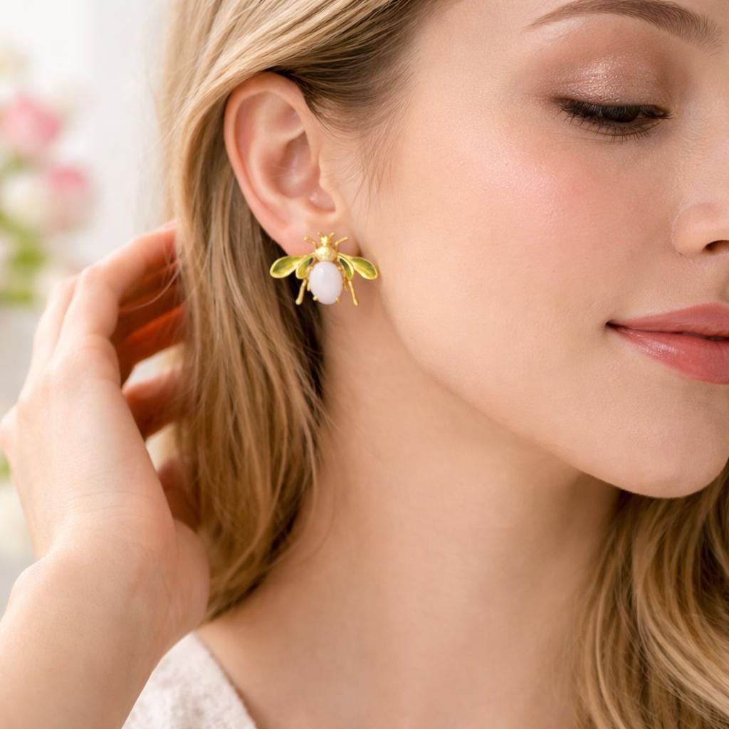 Vintage French Bee Enamel Earrings – Pink & Ivory Glass Statement Stud Earrings