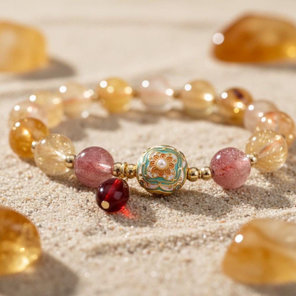 Golden Rutilated Quartz & Strawberry Quartz Bracelet - Guardian Collection | Healing Crystal Stretch