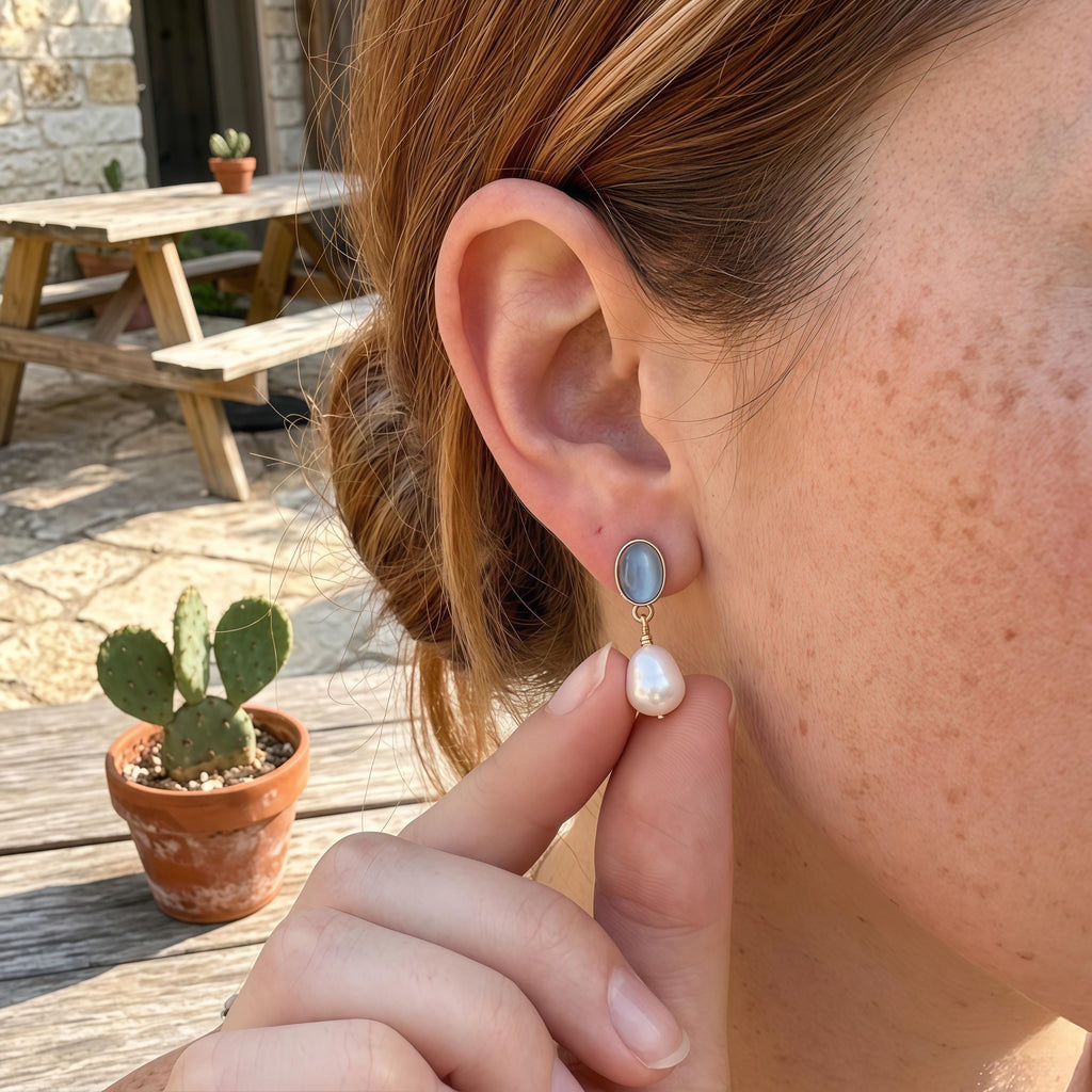 Moonlight Serenade Earrings – Gold Plated Blue Cat’s Eye Glass & Freshwater Pearl Earrings