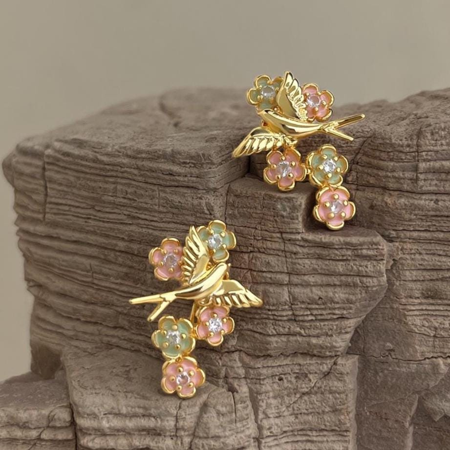 Gold Swallow Earrings – Enamel Cherry Blossom & Zircon Bird Earrings