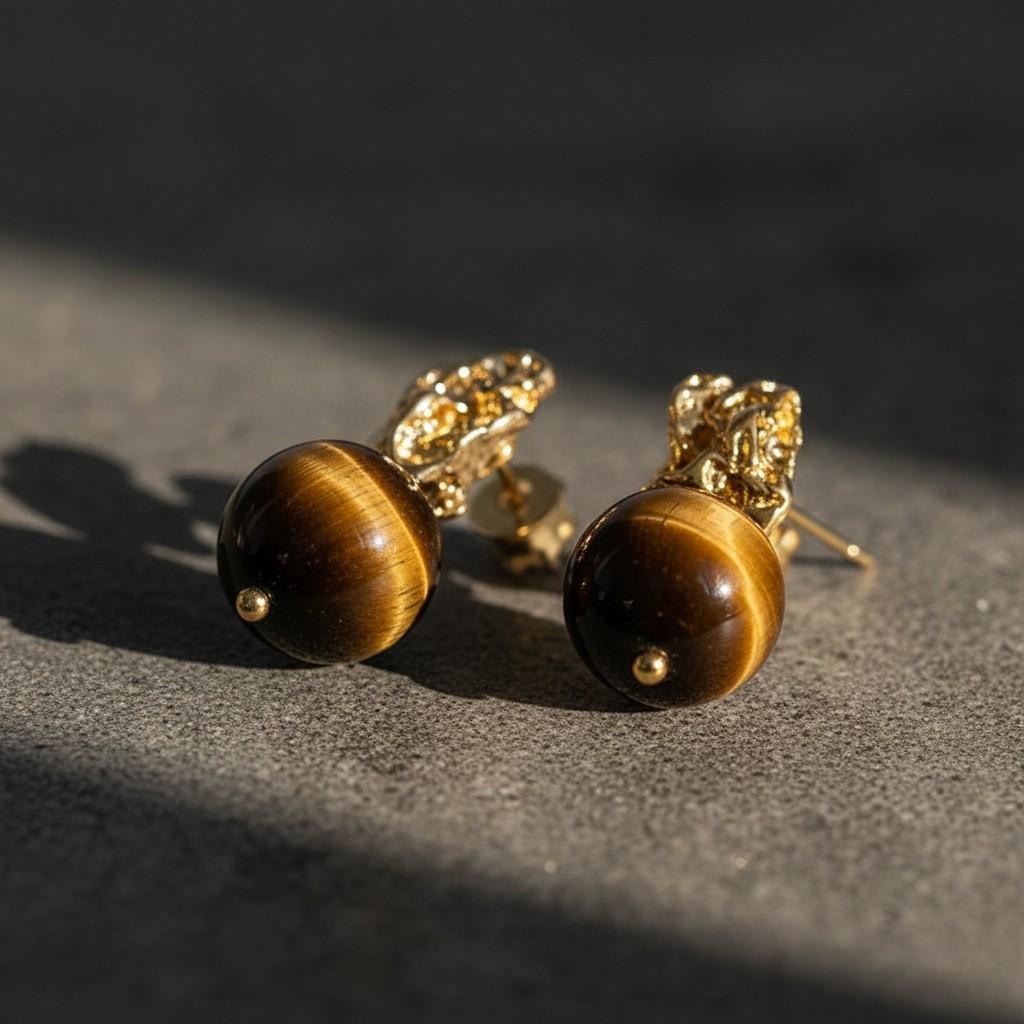 Tiger’s Eye Brass Earrings – Sculptural Gold Plated Statement Earrings