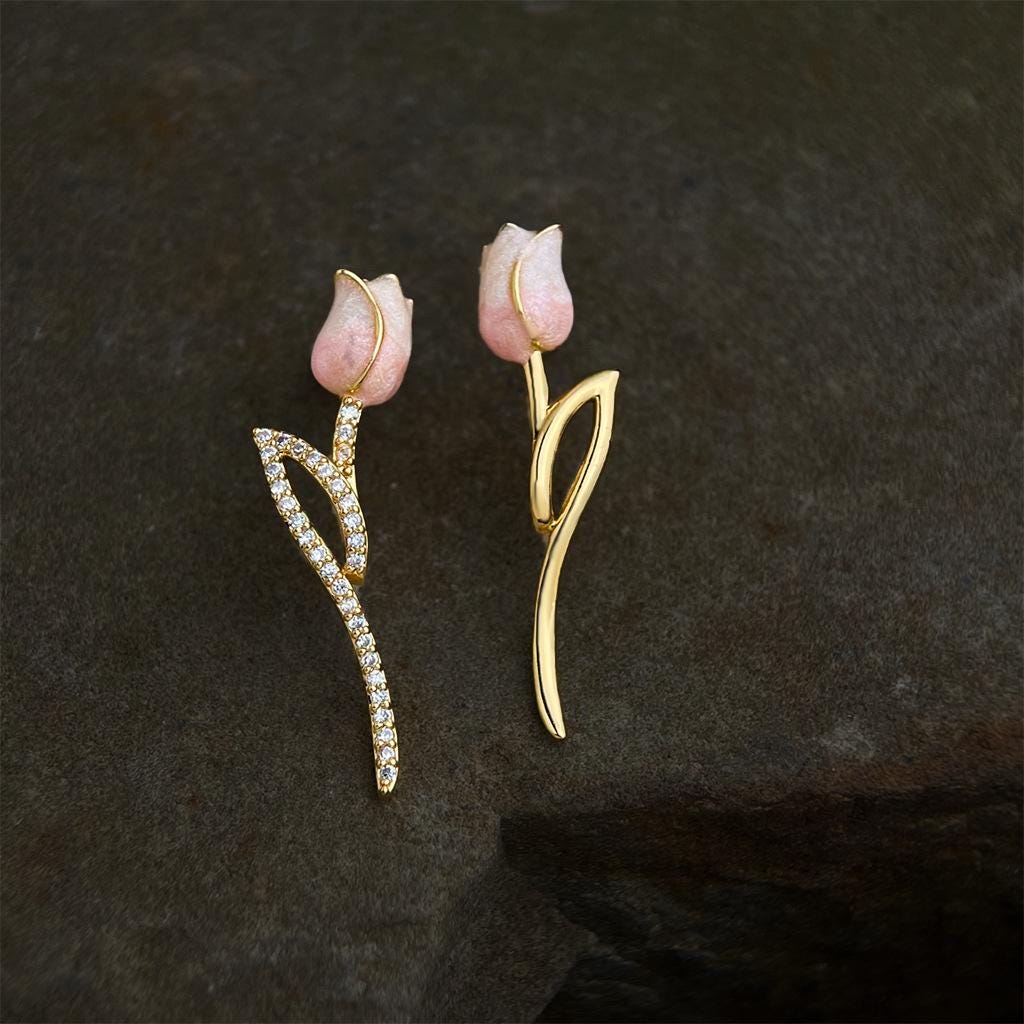 Gold Plated Pink Tulip Earrings – Asymmetrical Spring Flower Earrings