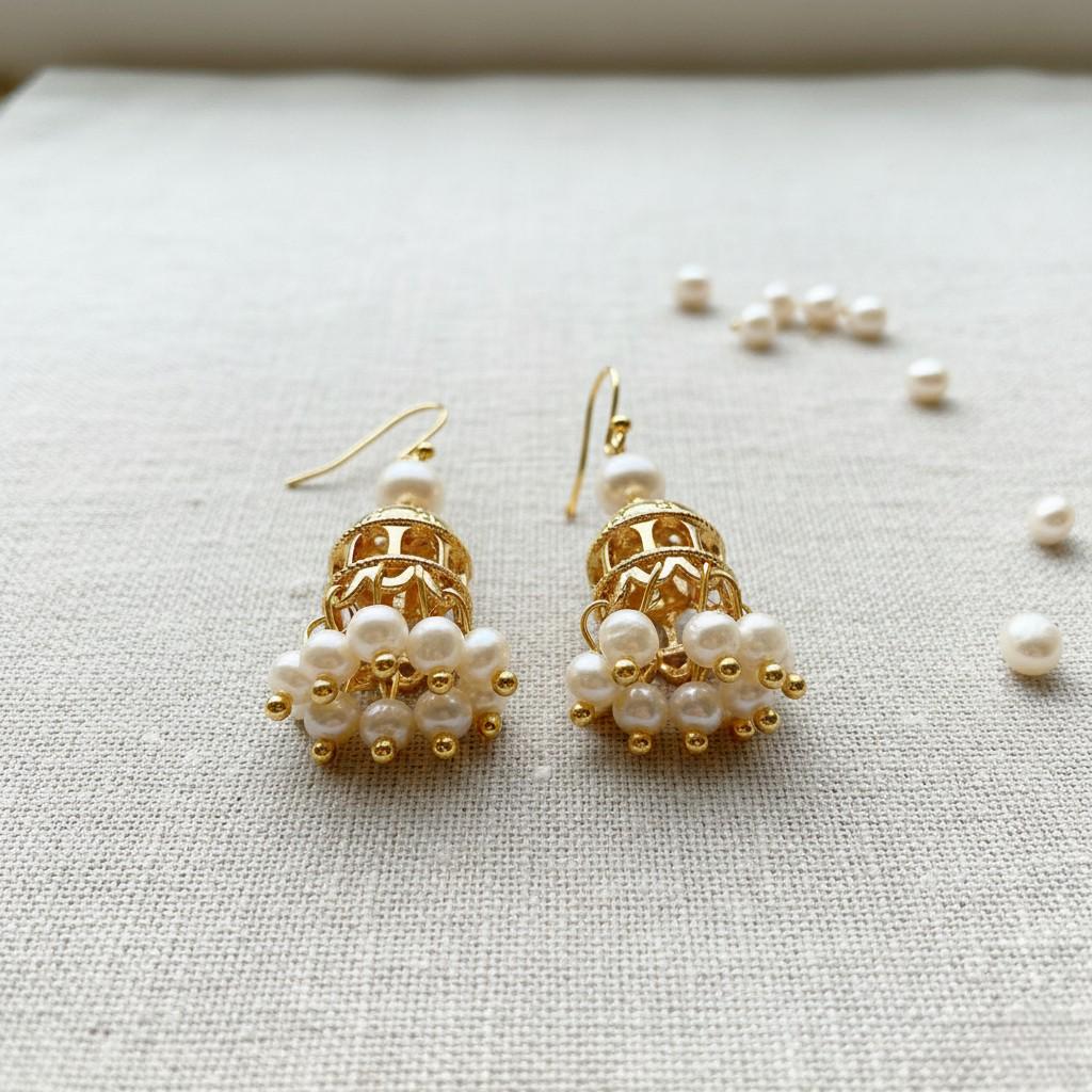 Gold Plated Cage Jhumka Earrings – Mughal Inspired Pearl Tassel Earrings